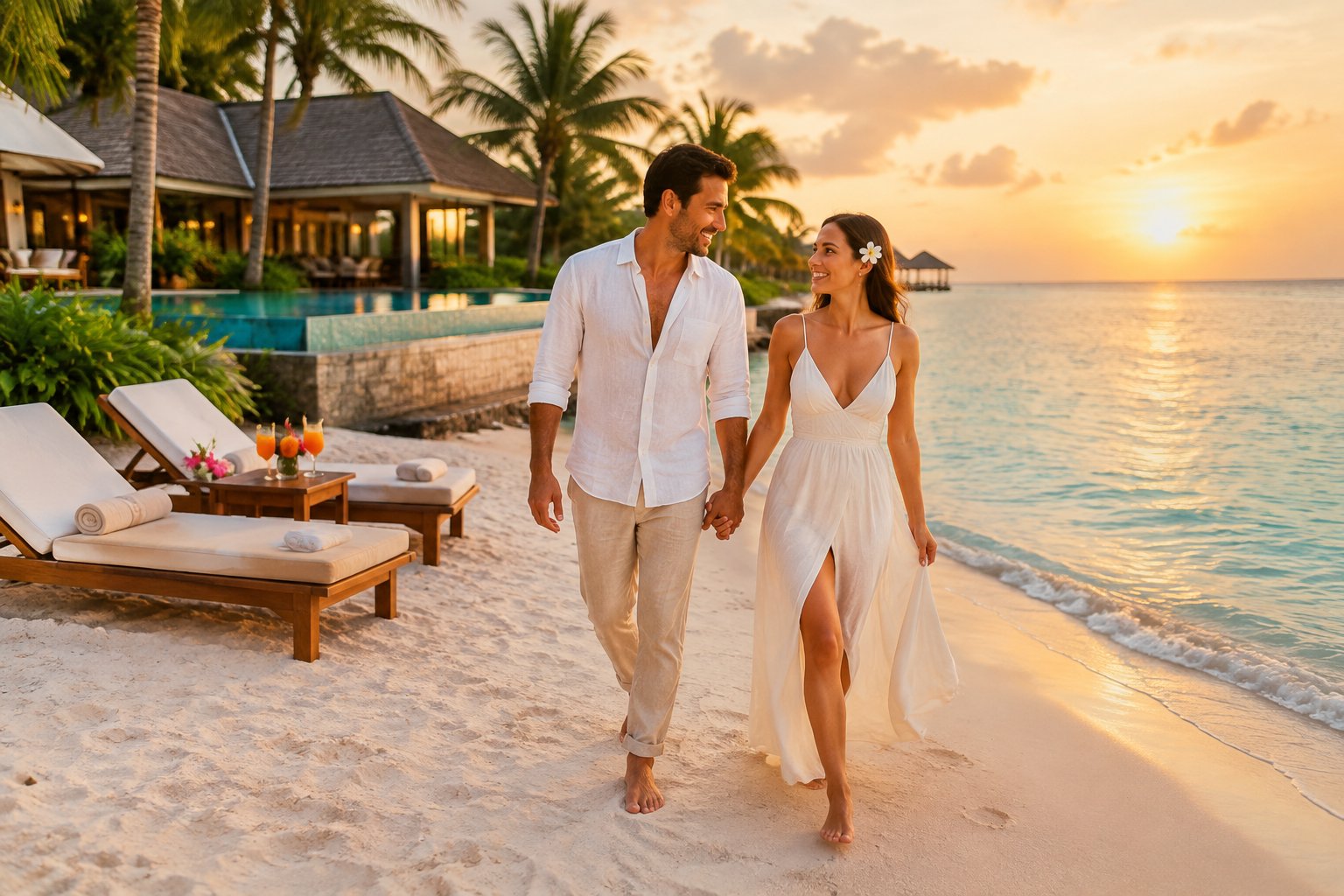 Newlywed couple walking along a tropical beach beside a luxurious resort.