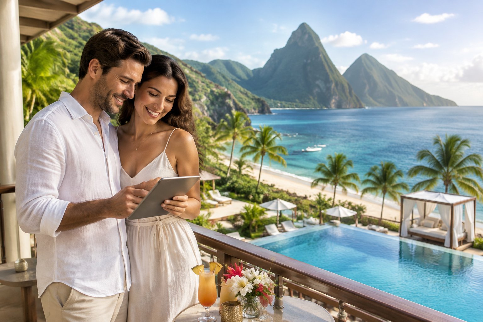 A newlywed couple overlooks a tropical Saint Lucia resort and coastline from a luxury balcony.