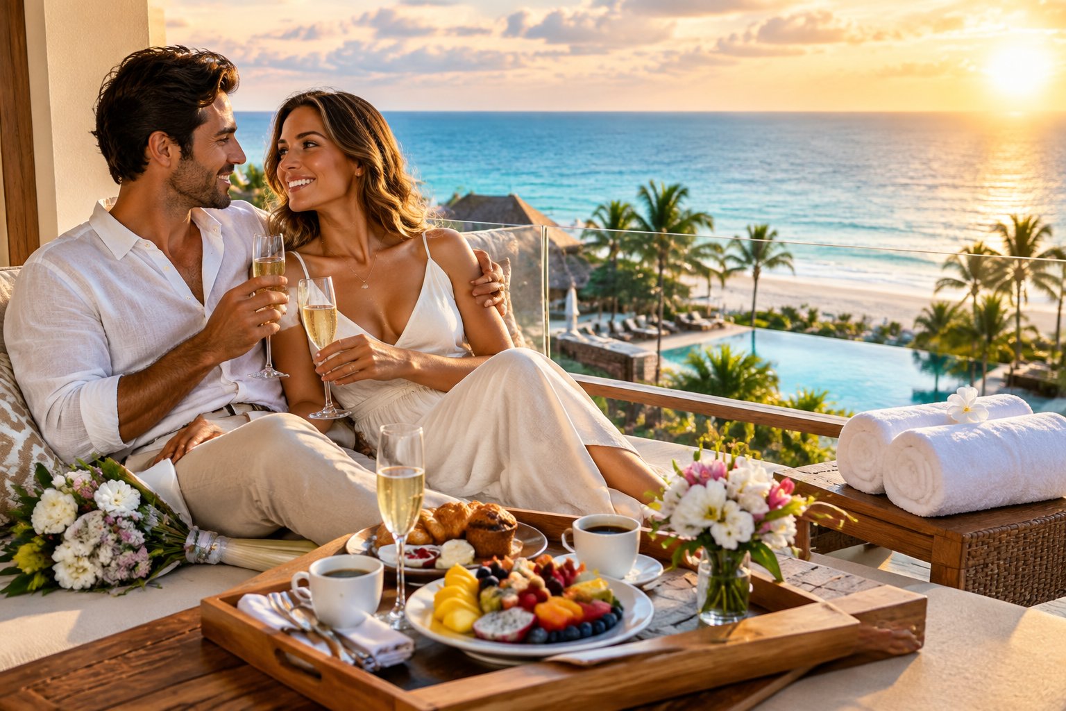 A newlywed couple relaxes on a luxury resort terrace overlooking a tropical beach, with breakfast and champagne nearby.