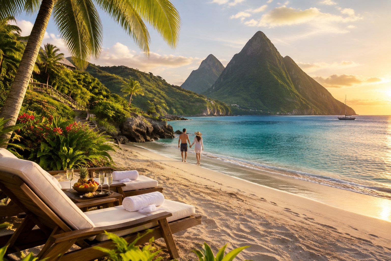 A couple walks along a tropical Saint Lucia beach beside an upscale resort, with turquoise water, palm trees, and green mountains in the background.