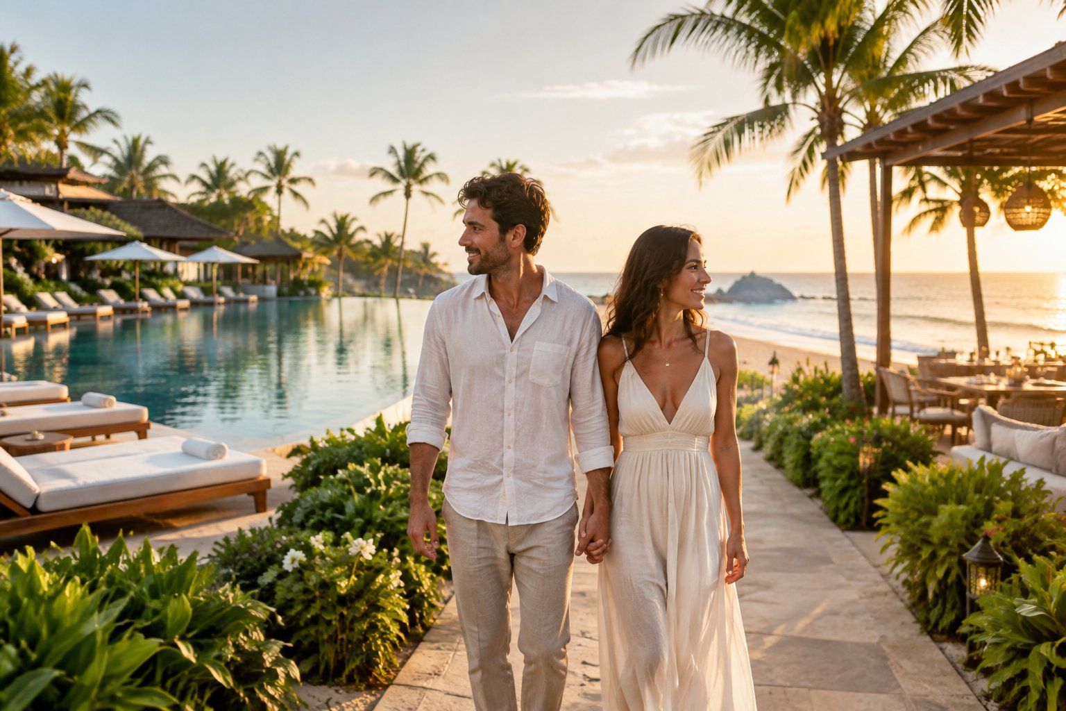 Newlywed couple walking through a luxurious tropical resort beside an infinity pool and beach.