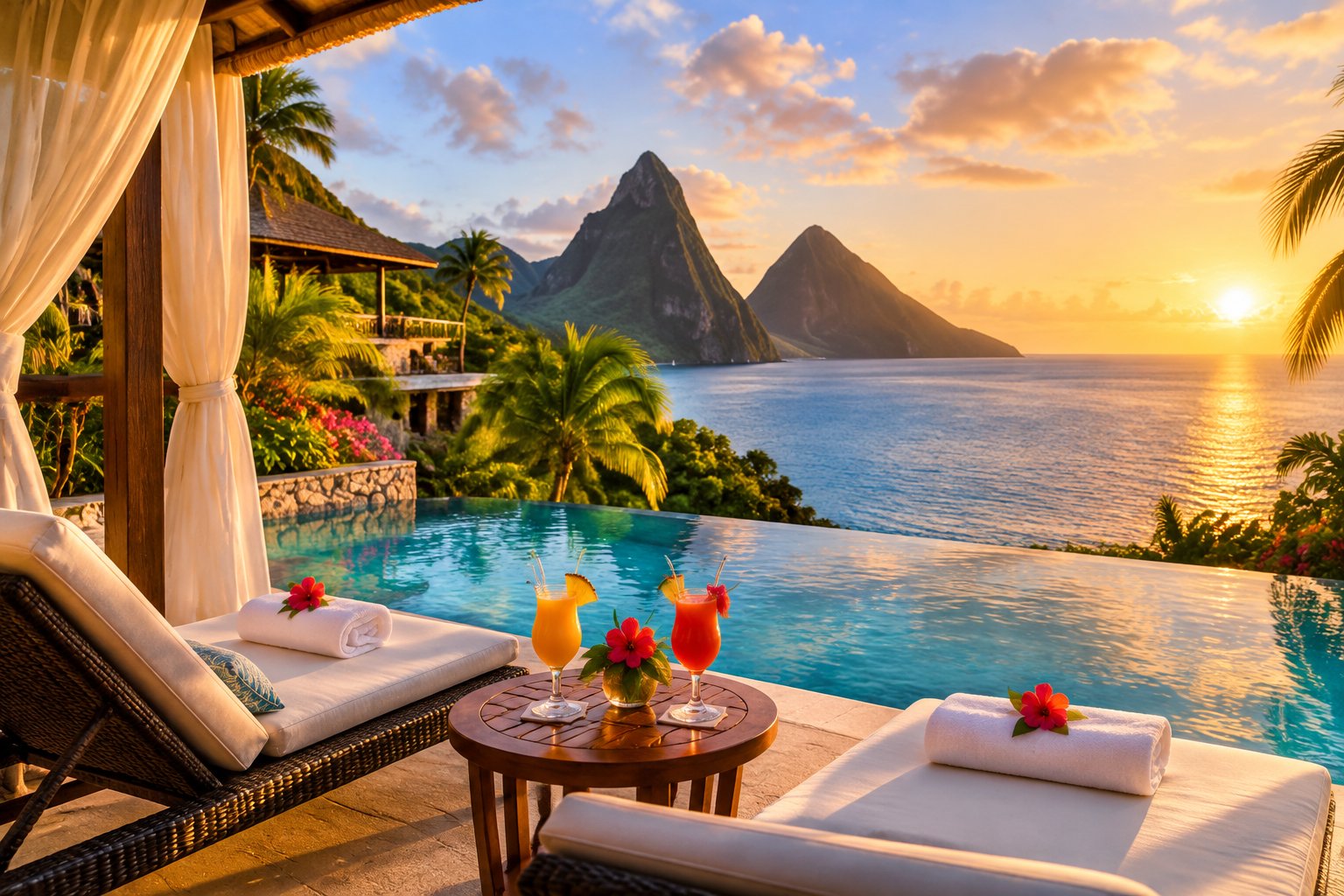 A luxury resort terrace overlooks the turquoise Caribbean Sea and the green Pitons of Saint Lucia.