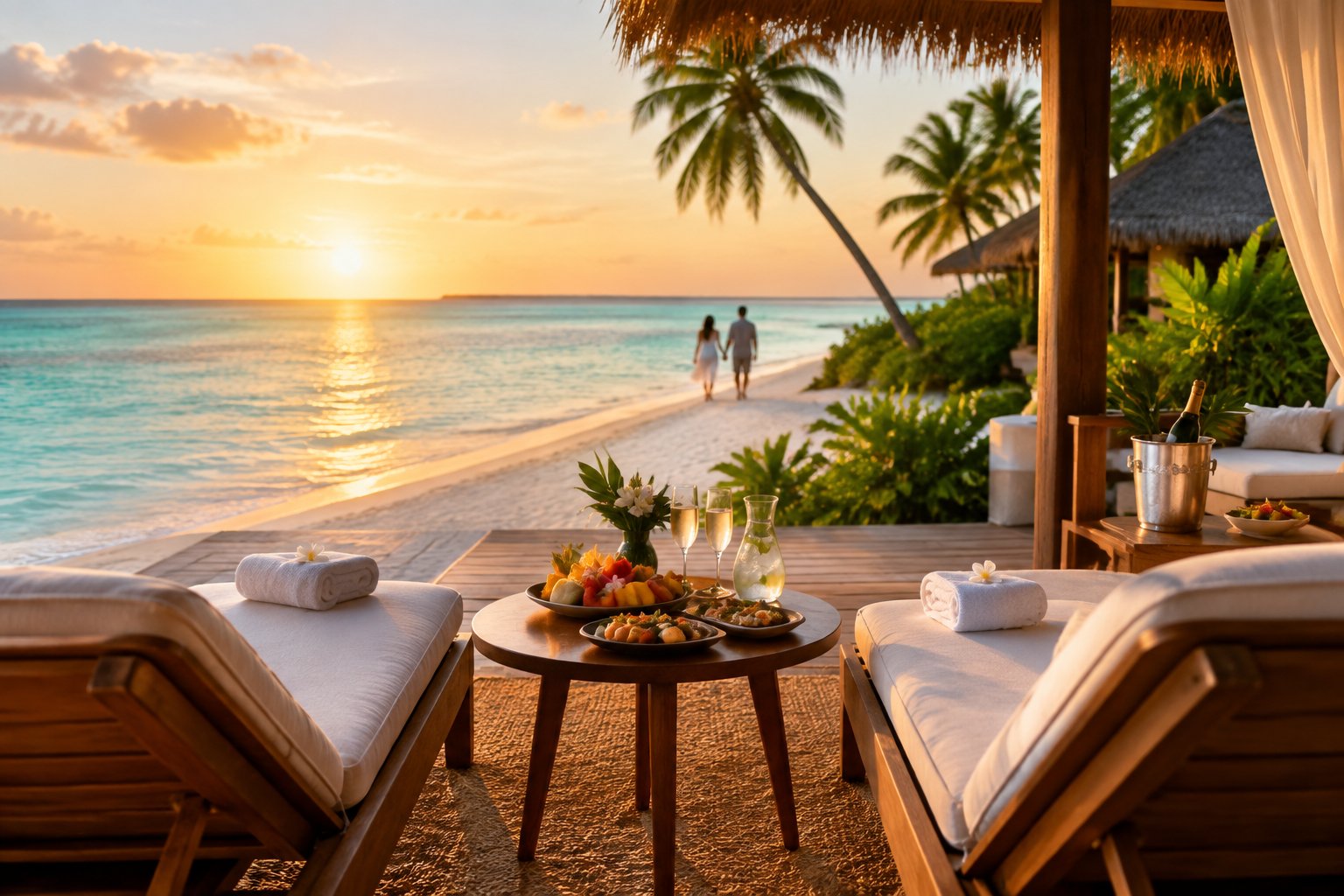 A romantic luxury resort terrace overlooking a turquoise lagoon, with lounge chairs, tropical fruit, and a meal prepared for two.
