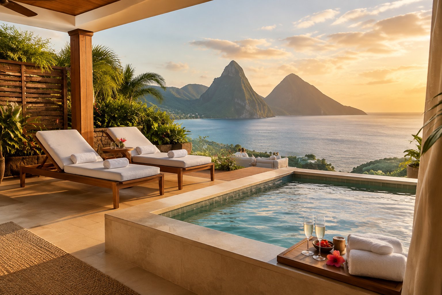 Luxury honeymoon suite terrace overlooking the Caribbean Sea in Saint Lucia, with a private plunge pool, lounge chairs, and tropical flowers.