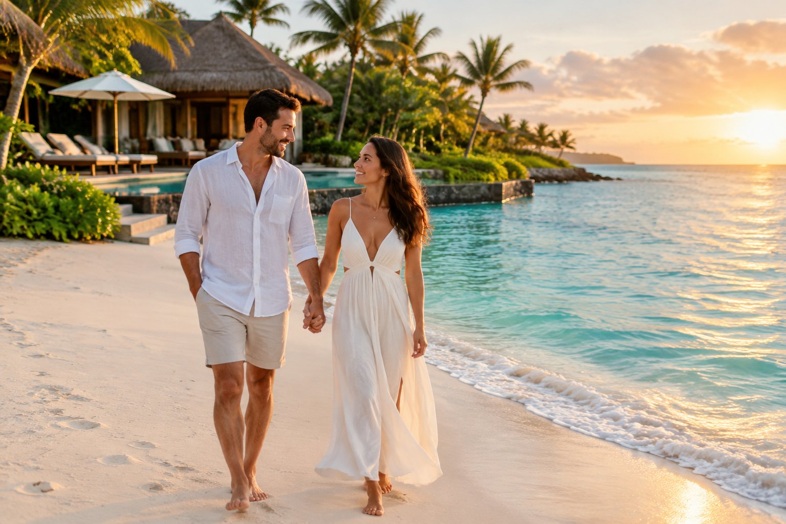 A newlywed couple walks hand in hand along a tropical beach beside a luxury resort.