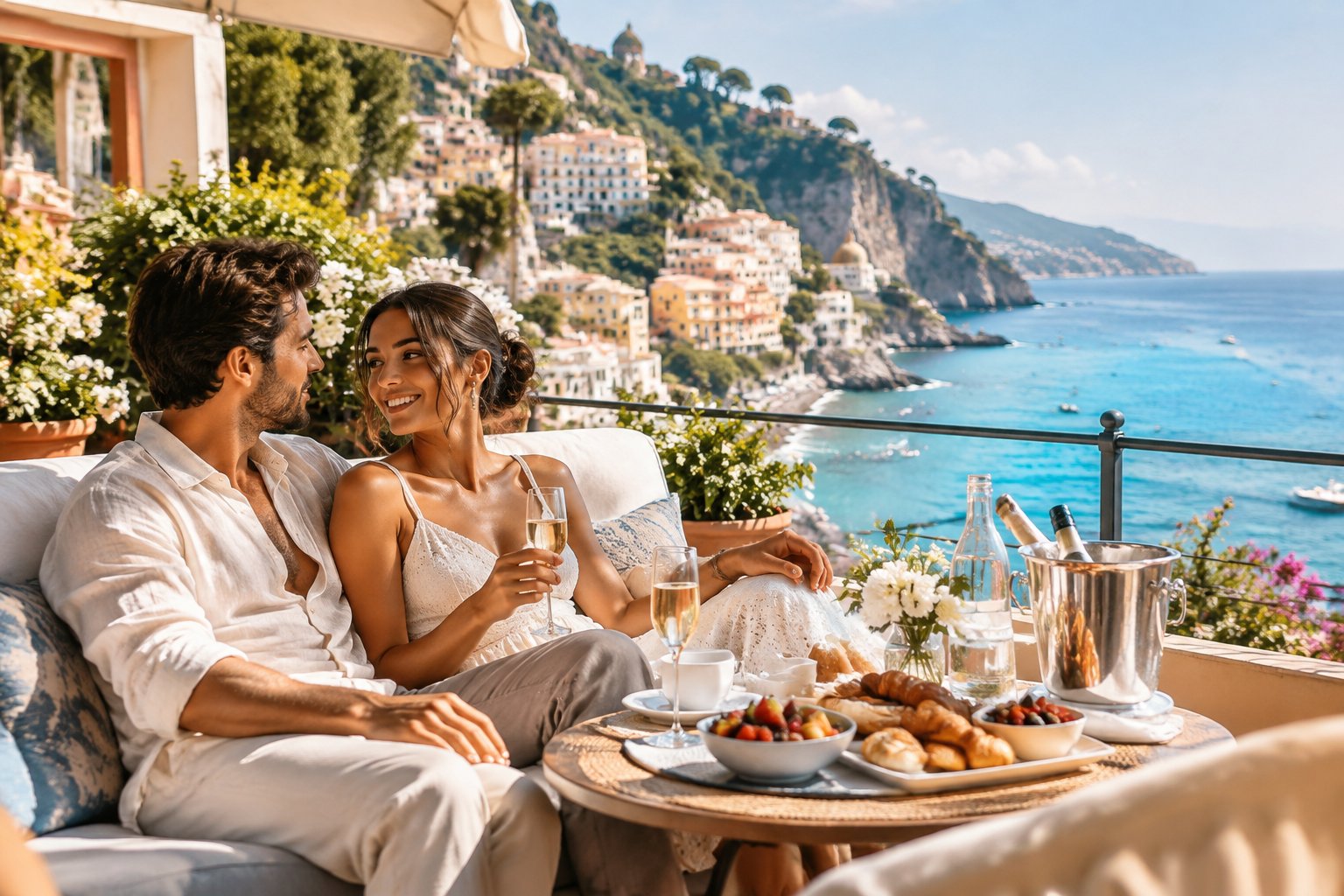 Newlywed couple relaxing with breakfast on a terrace overlooking the Italian coast.
