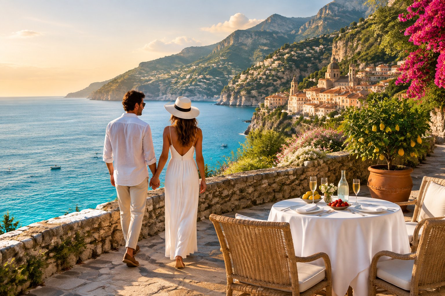 A couple walks hand in hand along a sunny Italian seaside terrace overlooking a coastal village, with a table set for two nearby.