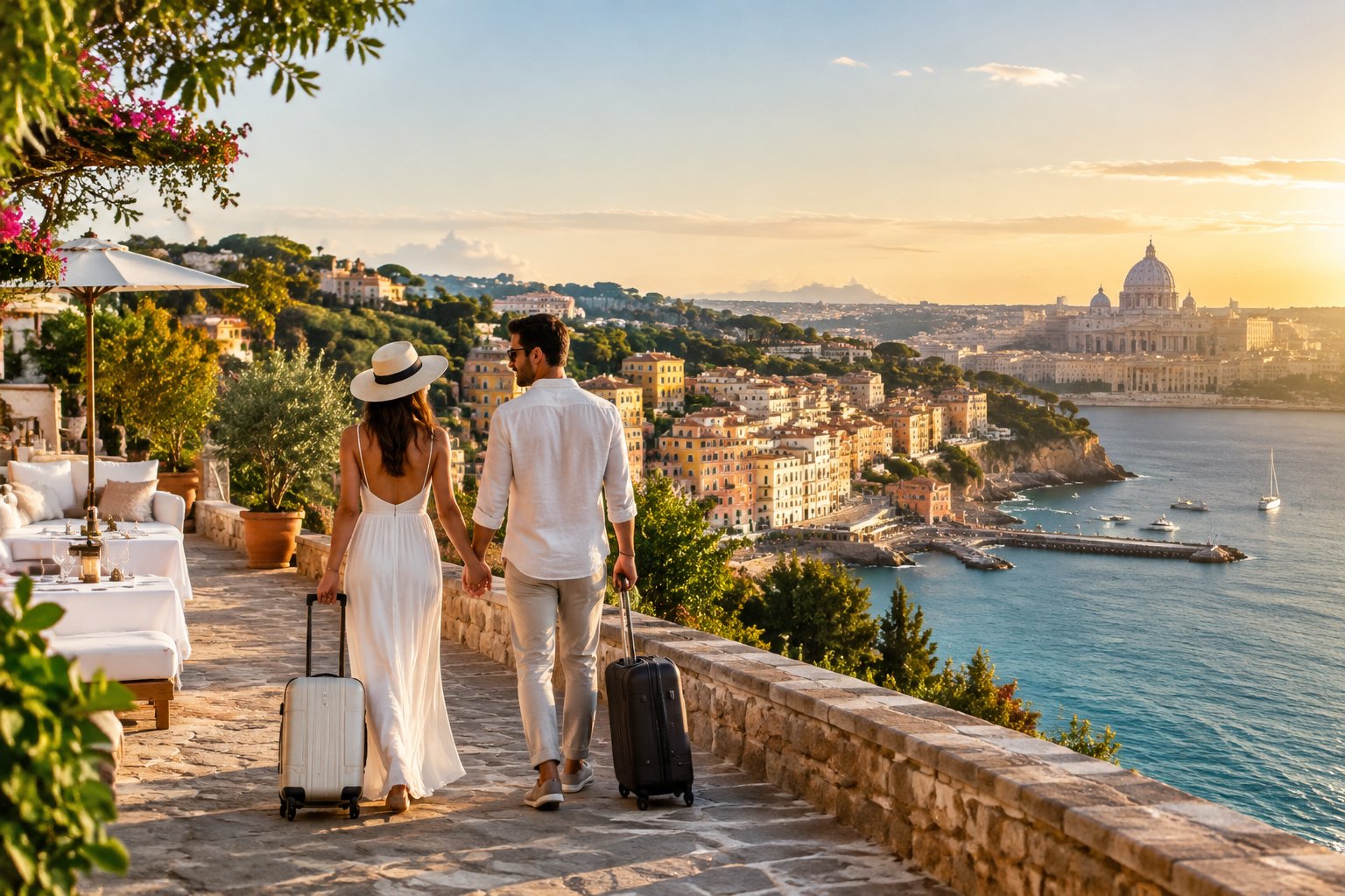 A newlywed couple walks along an Italian seaside promenade with a luxury resort, coastal village, and historic city views in the background.