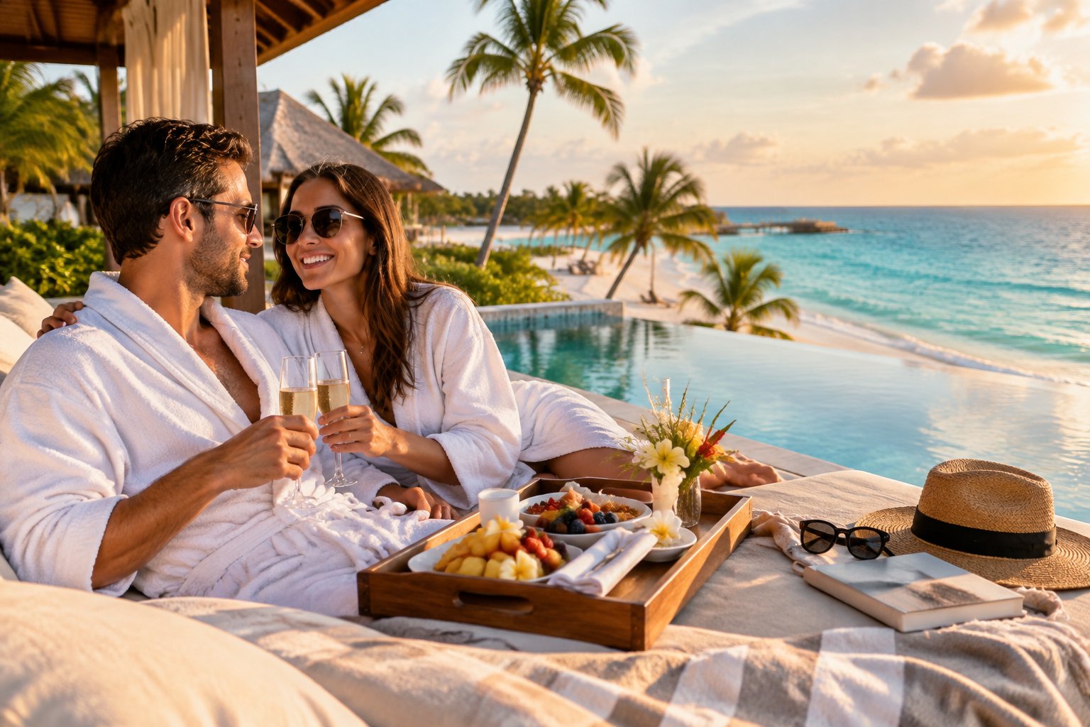 Newlywed couple relaxing at a luxurious tropical beach resort with breakfast and sparkling drinks.
