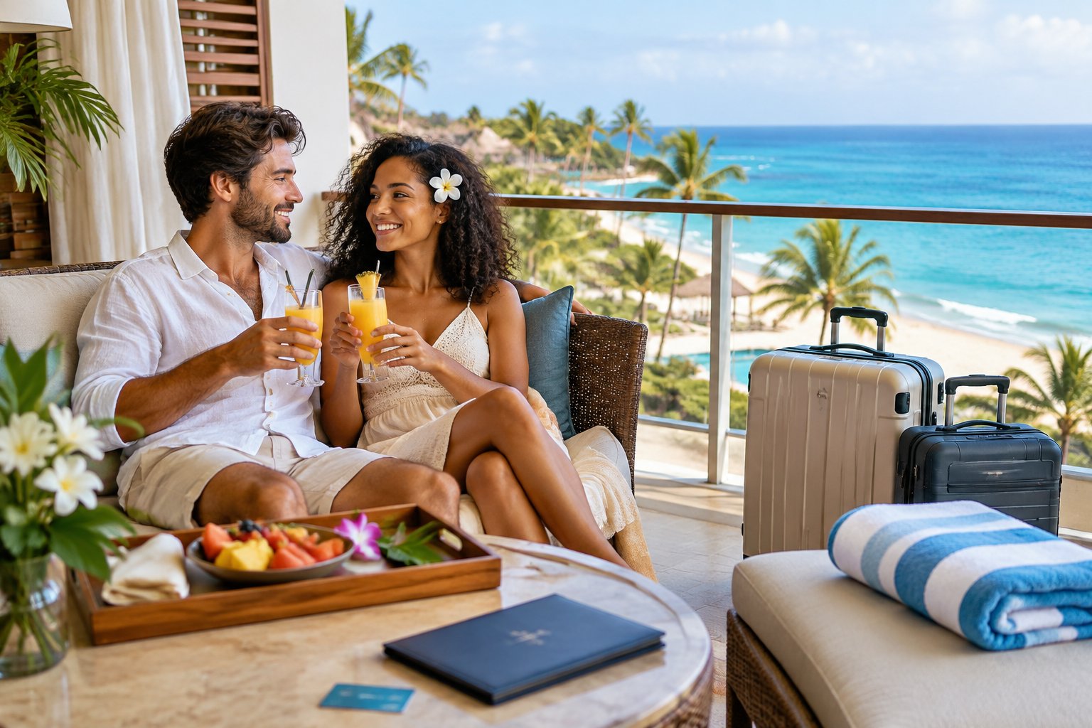 A newlywed couple relaxes on a tropical resort balcony overlooking the ocean, surrounded by honeymoon travel amenities.