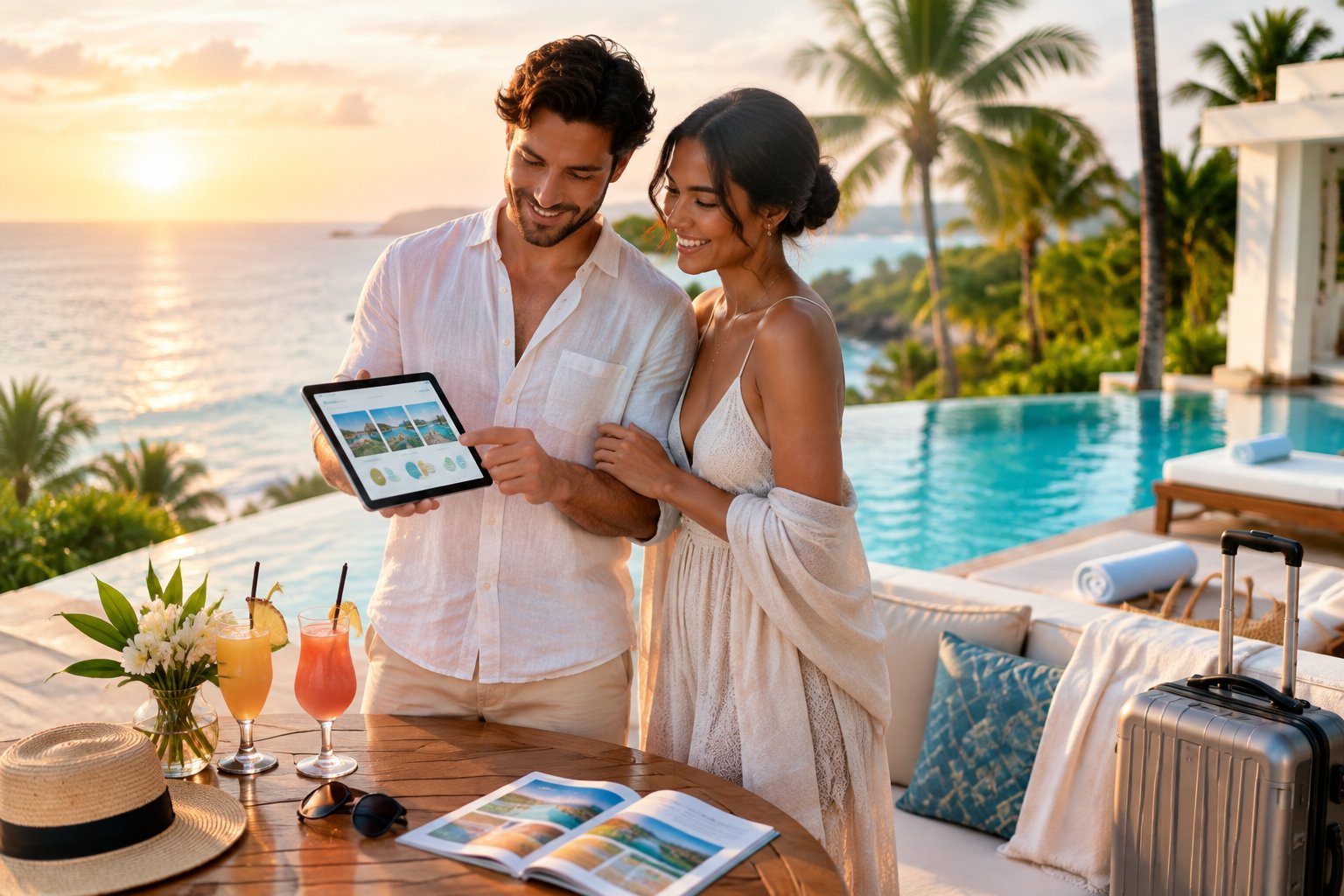 A newlywed couple compares honeymoon resort options on a tropical resort terrace overlooking the ocean.