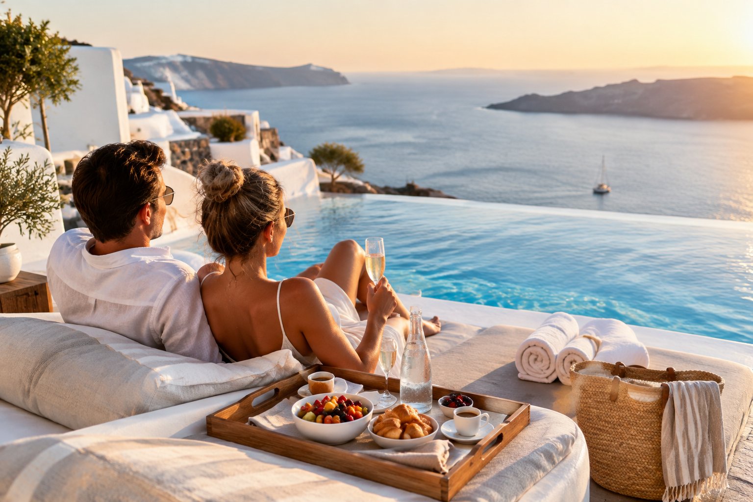 A couple relaxes on a Greek island resort terrace overlooking the Aegean Sea, with breakfast and drinks beside an infinity pool.