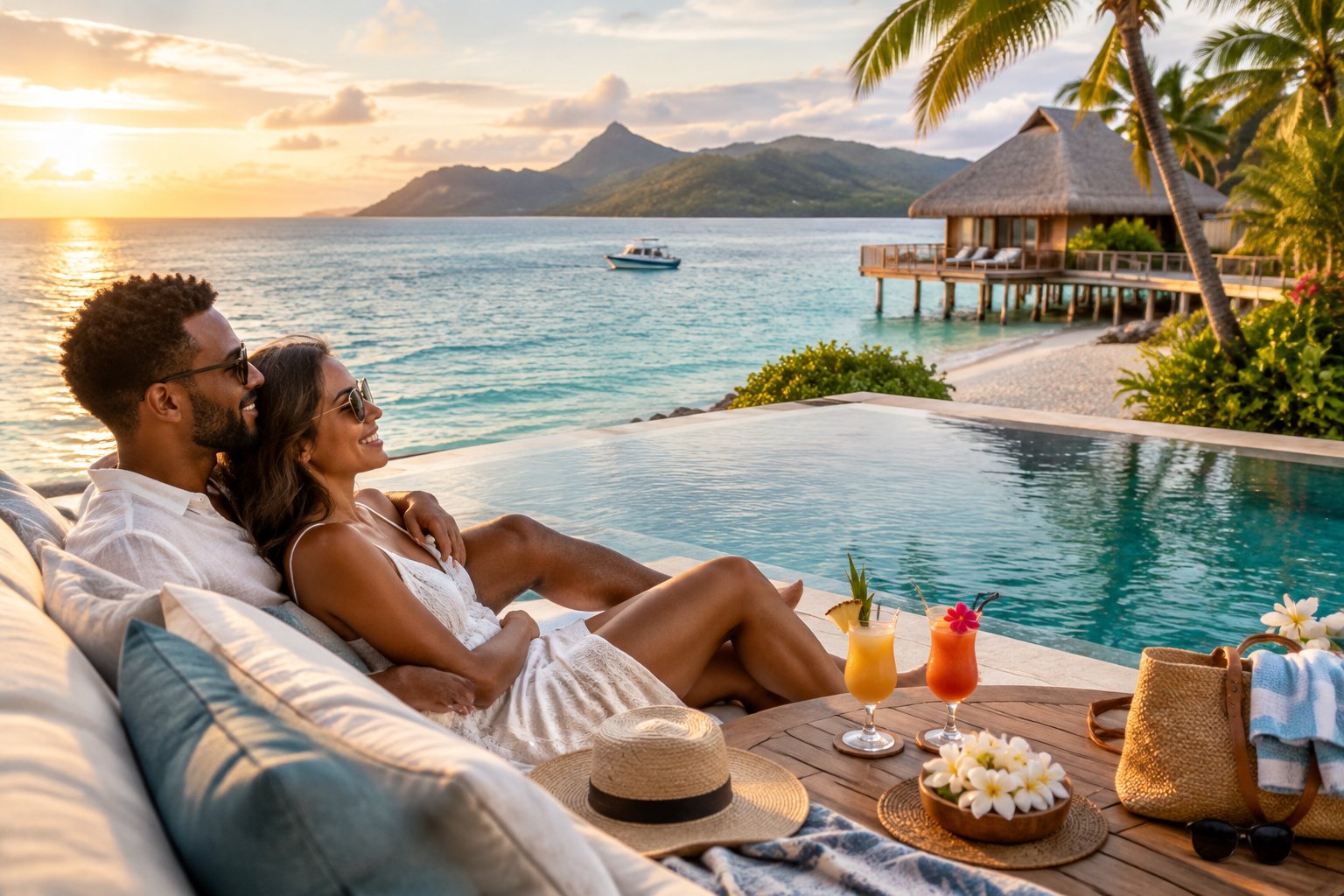 Newlywed couple relaxing at a luxurious tropical resort overlooking the ocean.