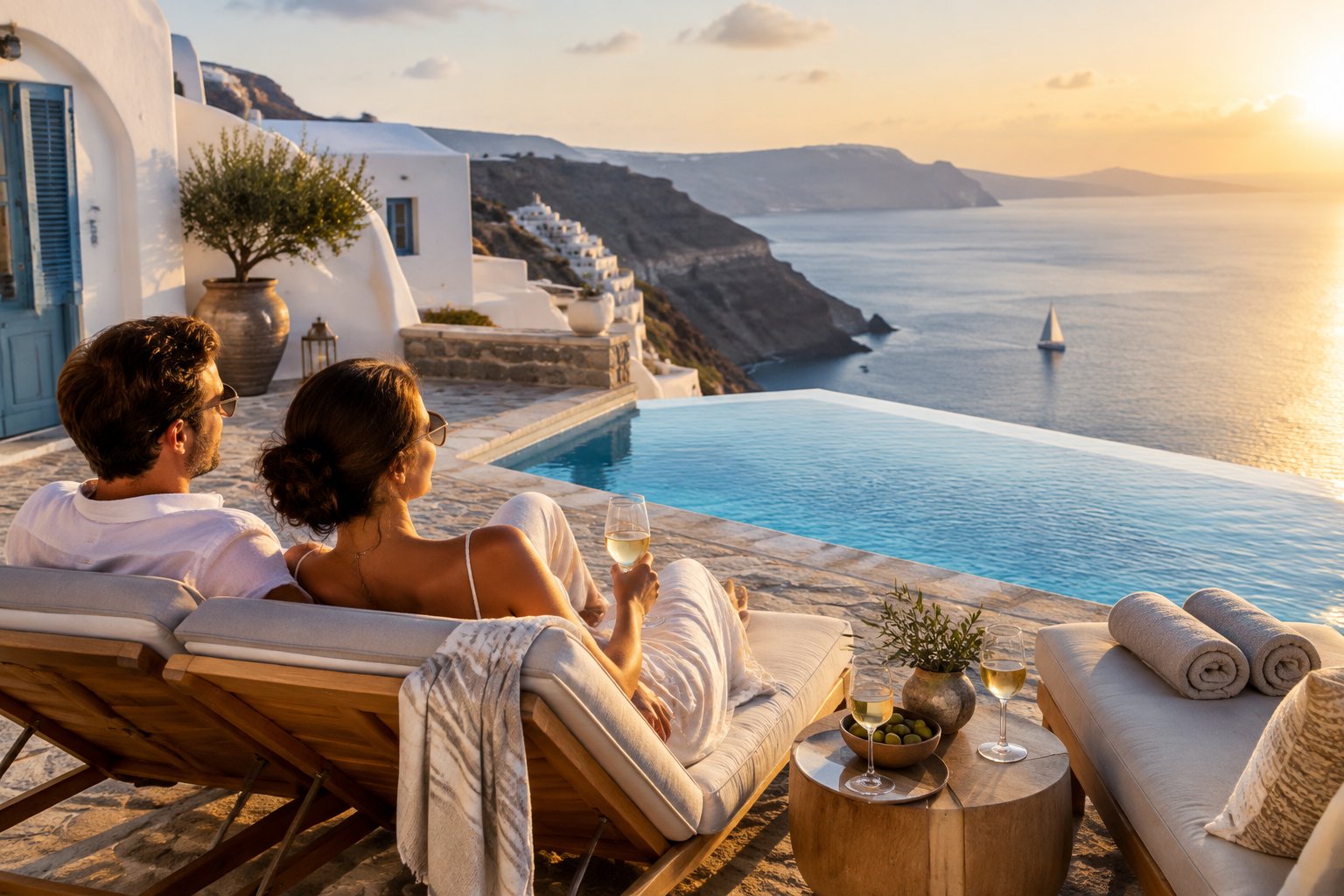 Newlywed couple relaxing on a Greek island terrace overlooking the Aegean Sea.