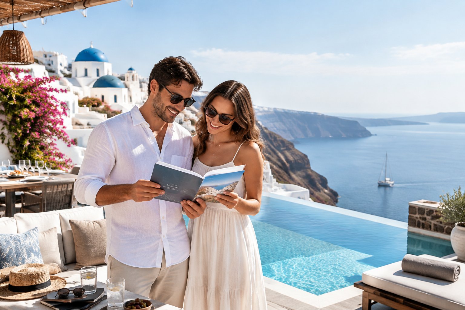 A newlywed couple compares honeymoon resort options beside an infinity pool overlooking the Aegean Sea.