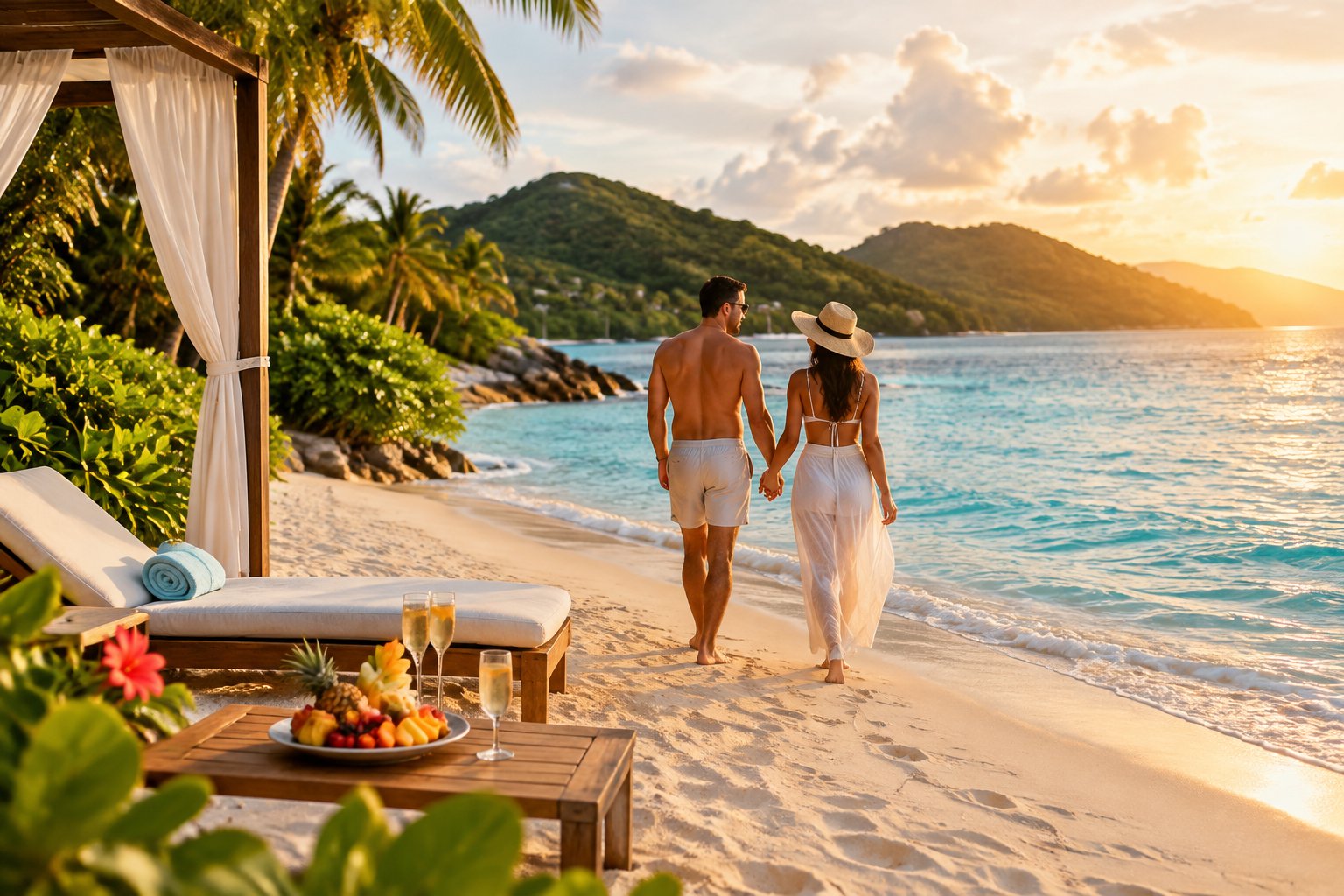 A couple walks hand in hand along a tropical beach beside a luxury resort in the Virgin Islands.