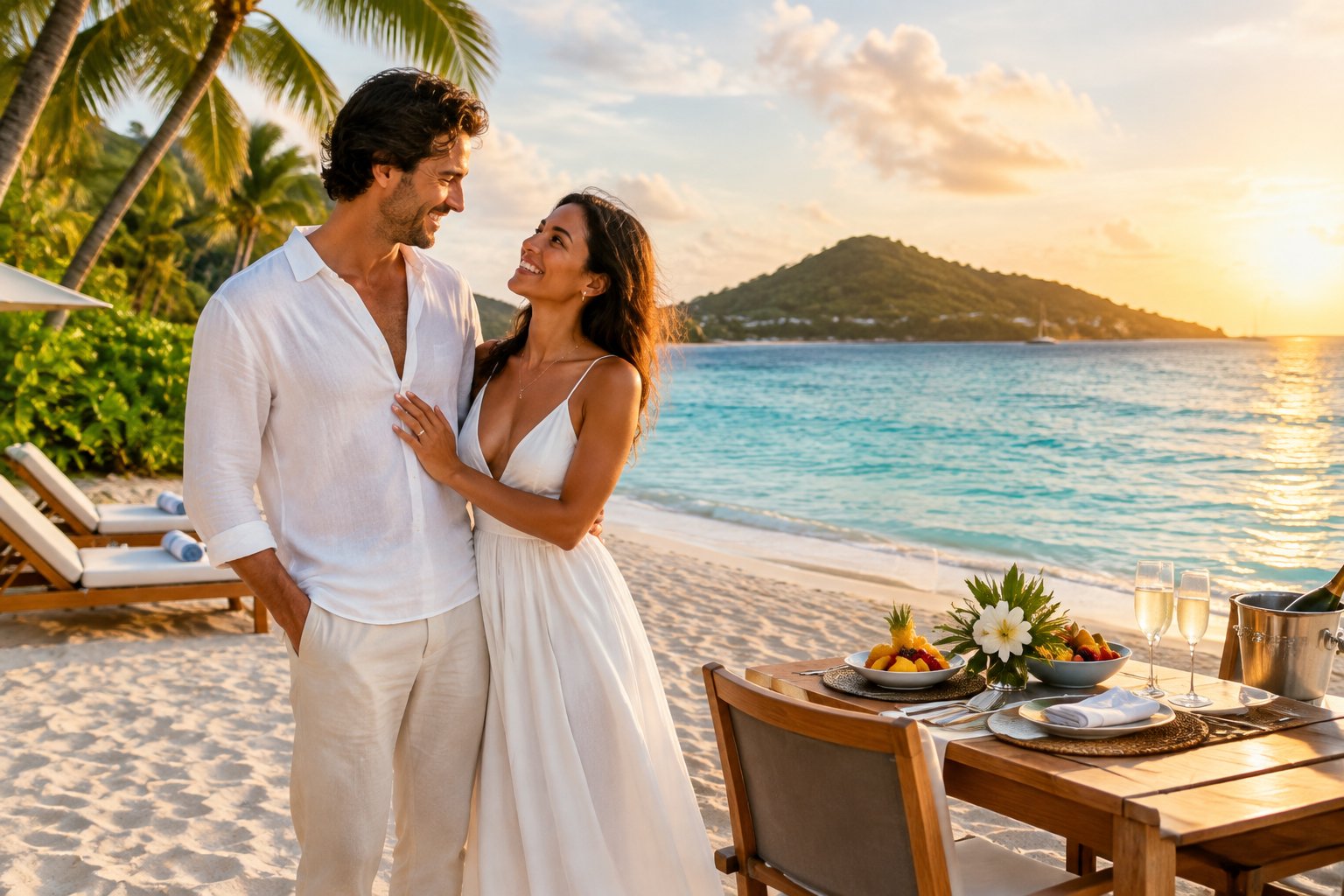 Newlywed couple relaxing beside a tropical beach dining setup on a U.S. Virgin Islands beach.