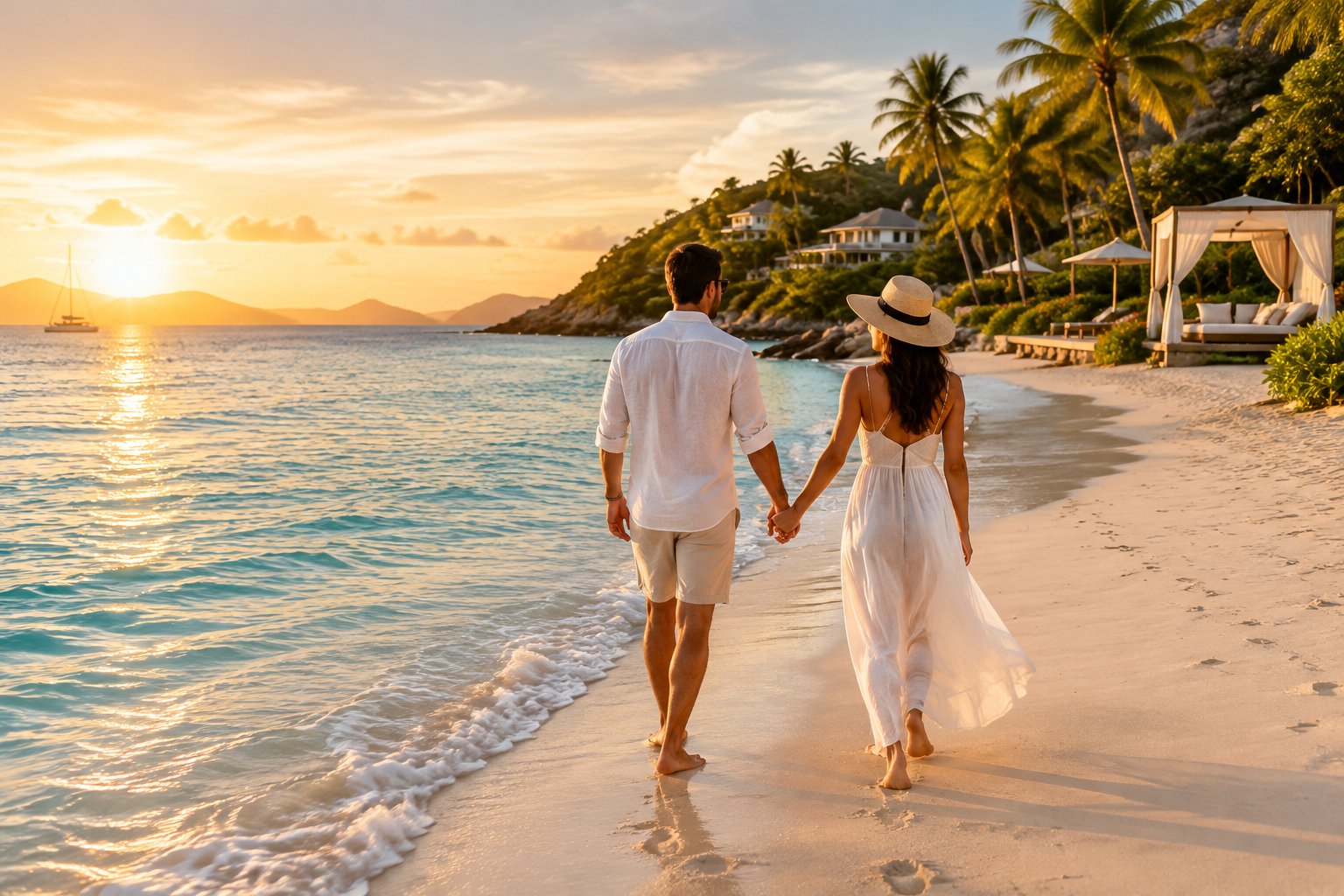 A newlywed couple walks hand in hand along a tropical beach in the Virgin Islands at sunset.
