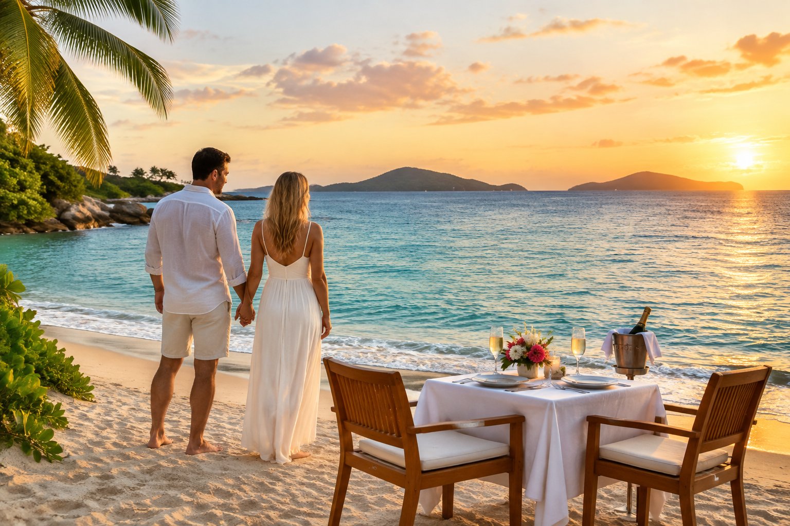 Newlywed couple enjoying a private beach dinner at sunset in the Virgin Islands.