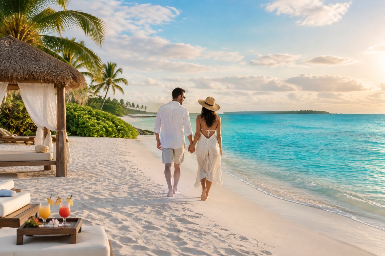A couple walks hand in hand along a white-sand beach beside turquoise water at a tropical resort.