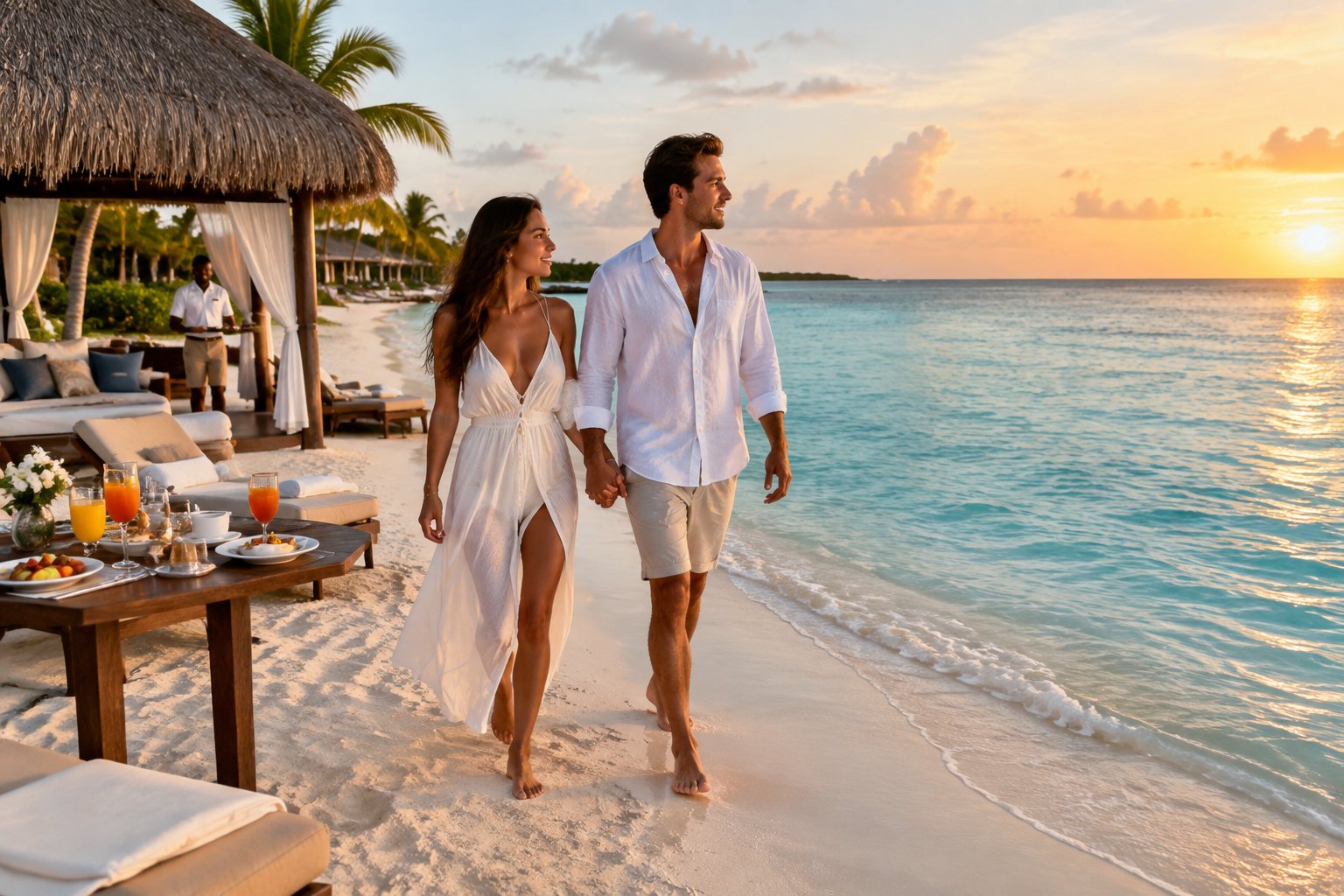 Newlywed couple walking along a white-sand beach at a luxury Turks and Caicos resort.