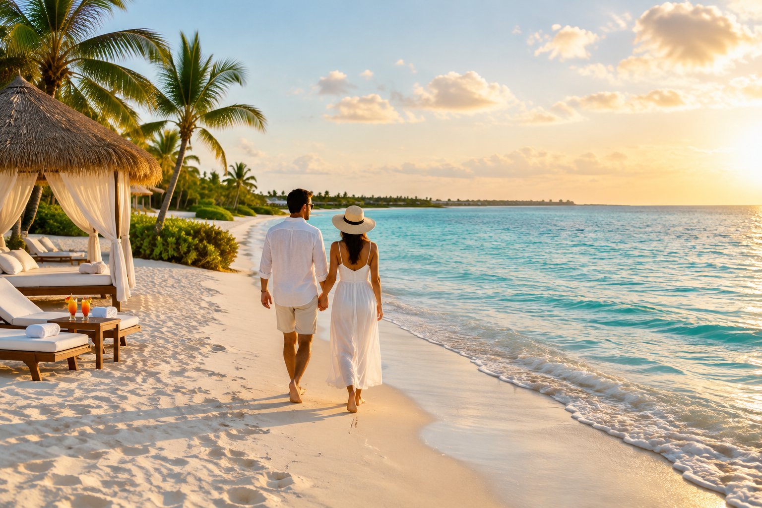 A newlywed couple walks hand in hand along a white-sand beach beside a luxury resort in Turks and Caicos.