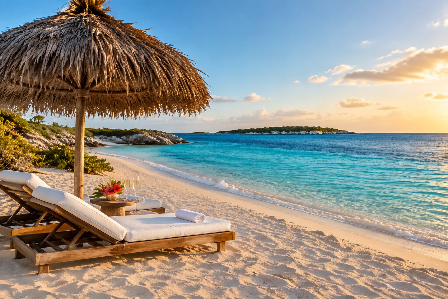 Two lounge chairs and champagne flutes beside a turquoise beach in Turks and Caicos.