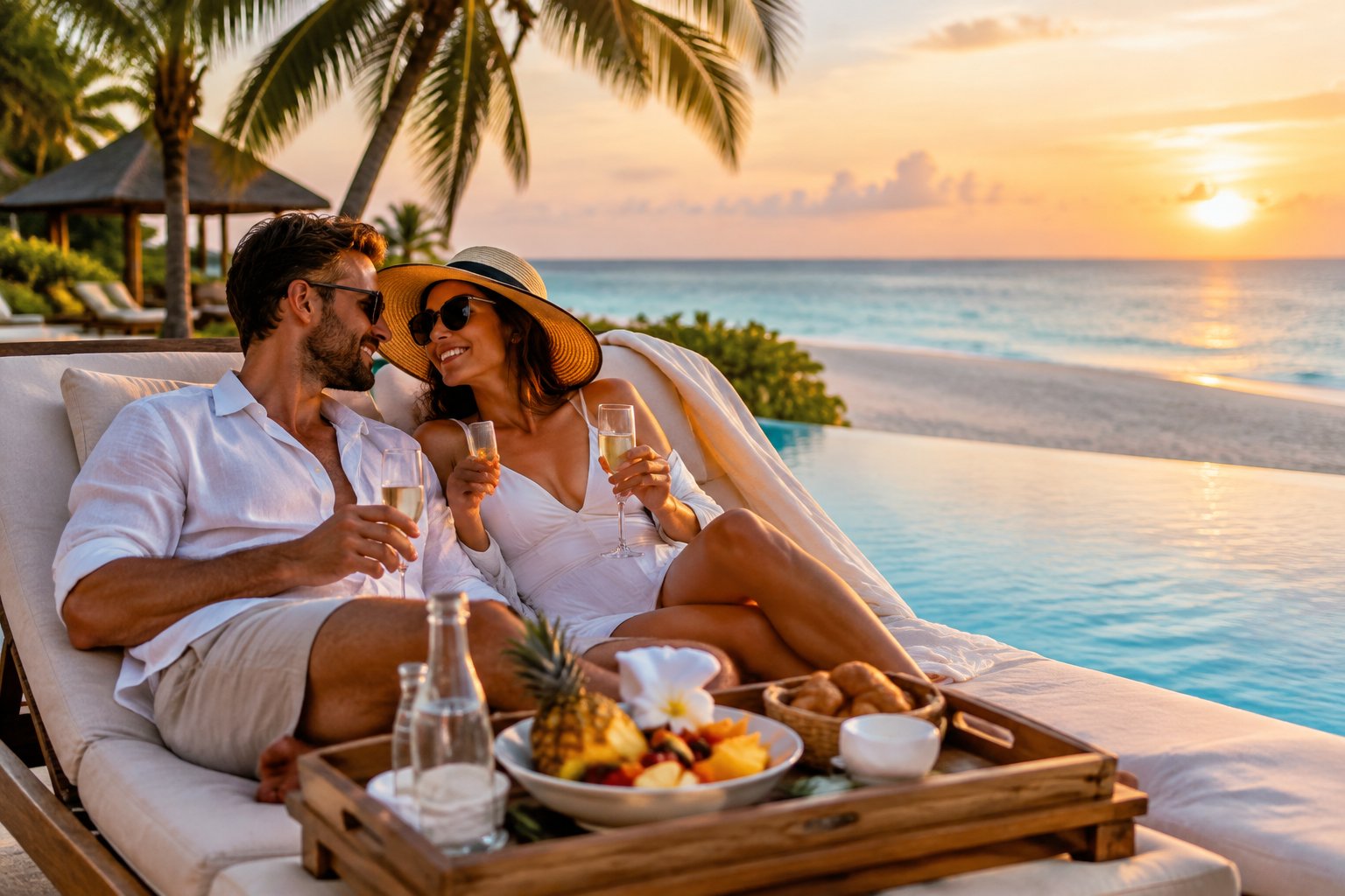 Newlywed couple relaxing at a tropical beach resort beside an infinity pool with breakfast and champagne.