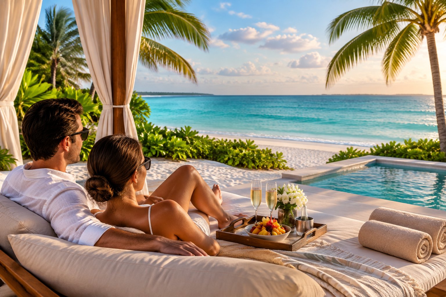 Newlywed couple relaxing in a private luxury cabana beside the turquoise waters of Turks and Caicos.