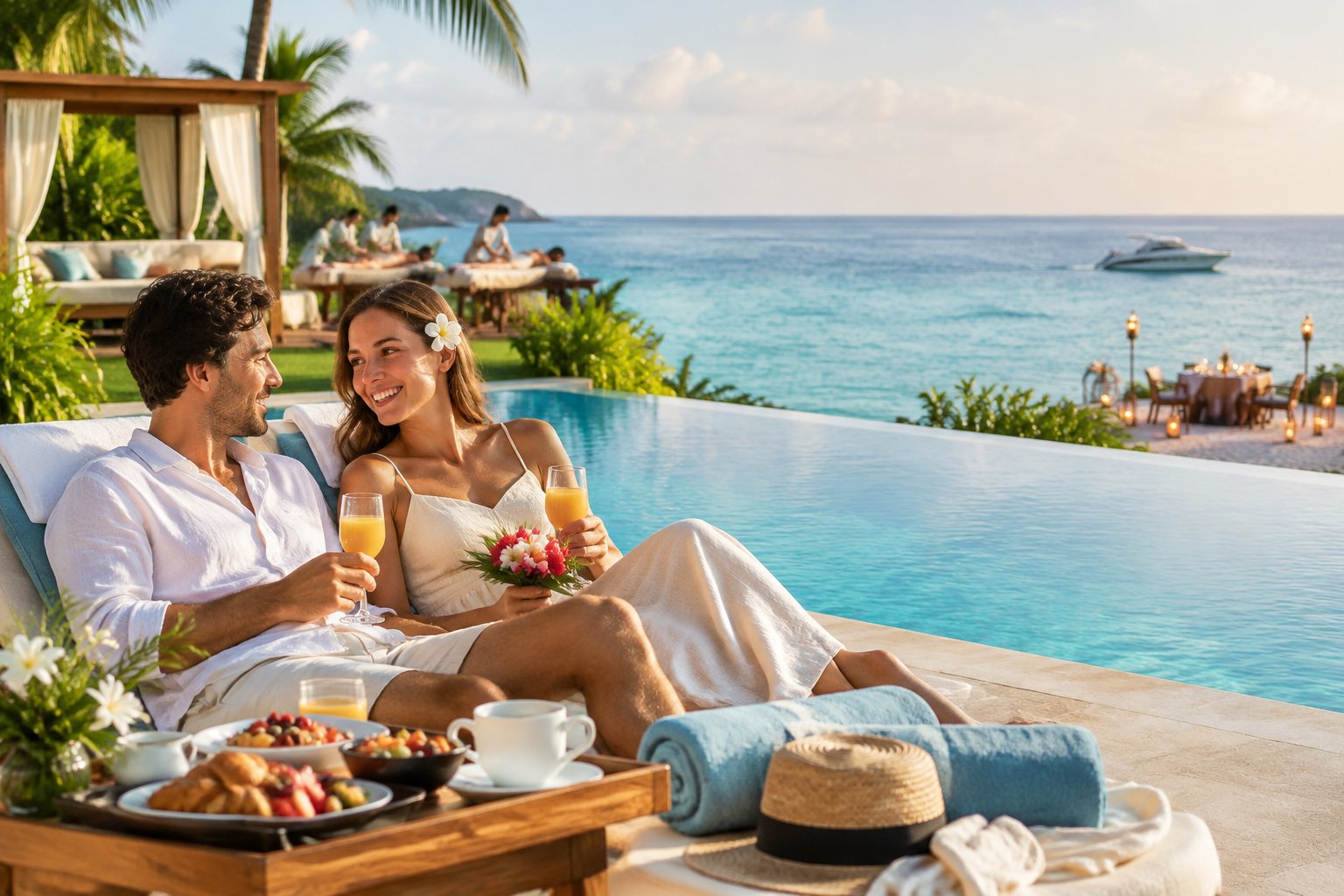 Newlywed couple relaxing at a tropical resort beside an infinity pool, with breakfast and optional romantic experiences visible nearby.
