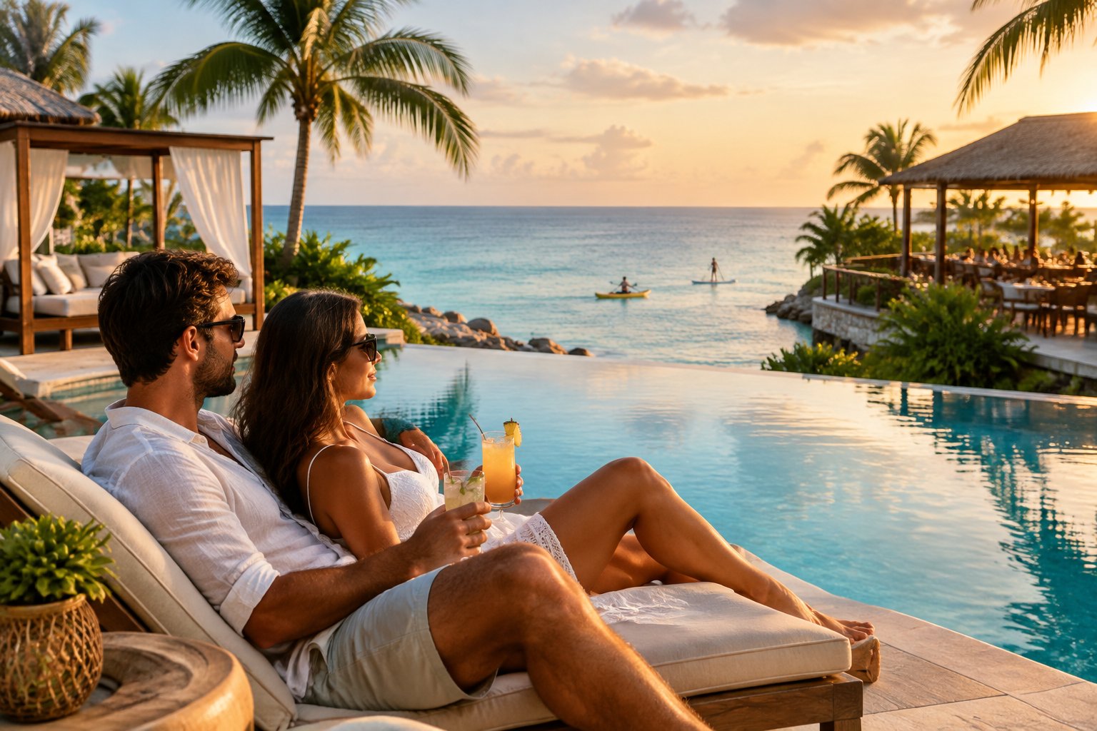 A newlywed couple relaxes beside an infinity pool at a tropical resort overlooking the ocean.