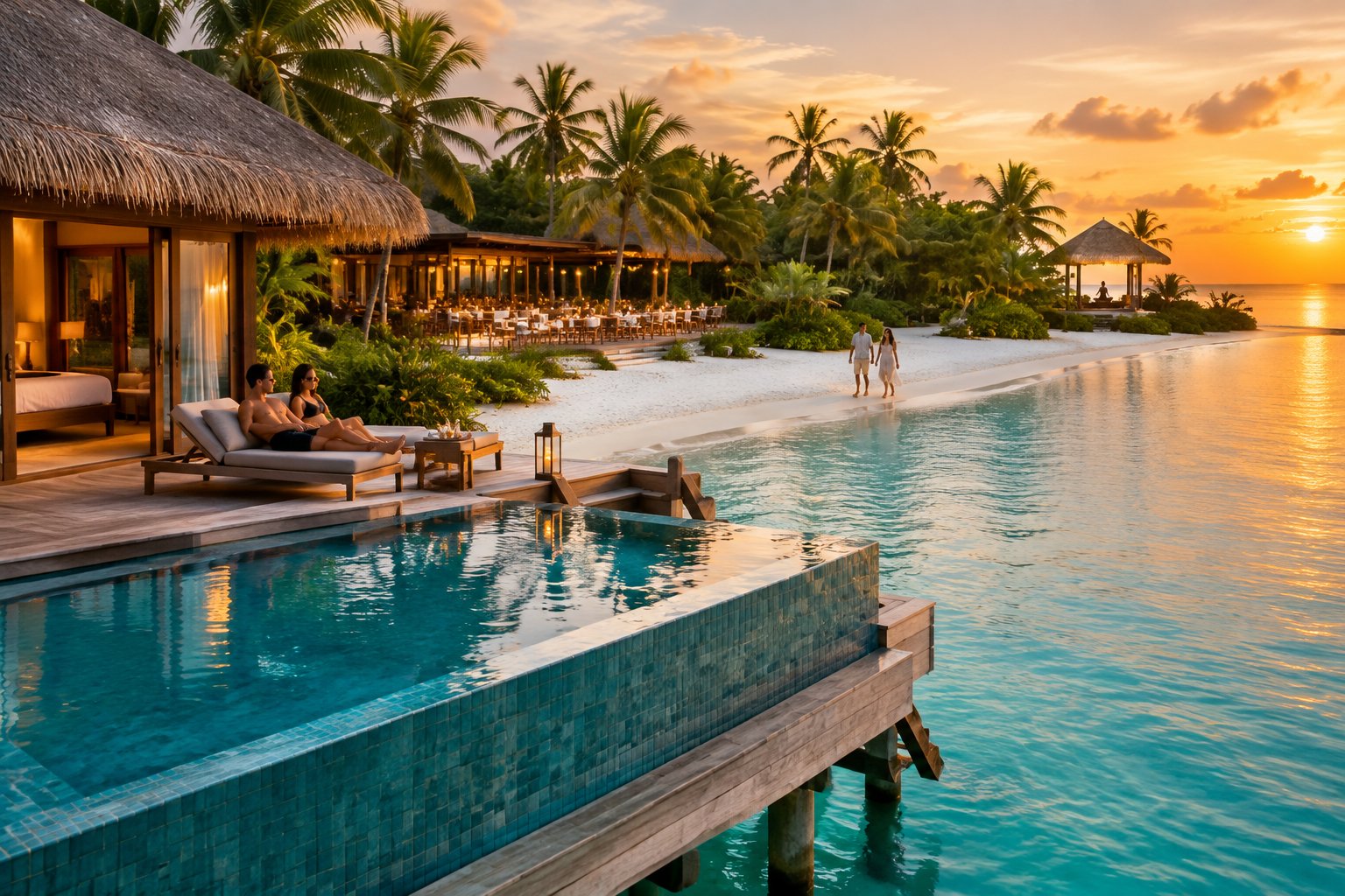 Couples enjoy a luxurious tropical beachfront honeymoon resort with overwater bungalows, a lagoon, and a sunset dining terrace.