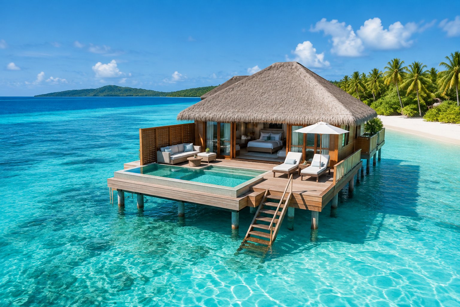 A luxurious overwater bungalow surrounded by turquoise Caribbean water, palm trees, and distant tropical islands.