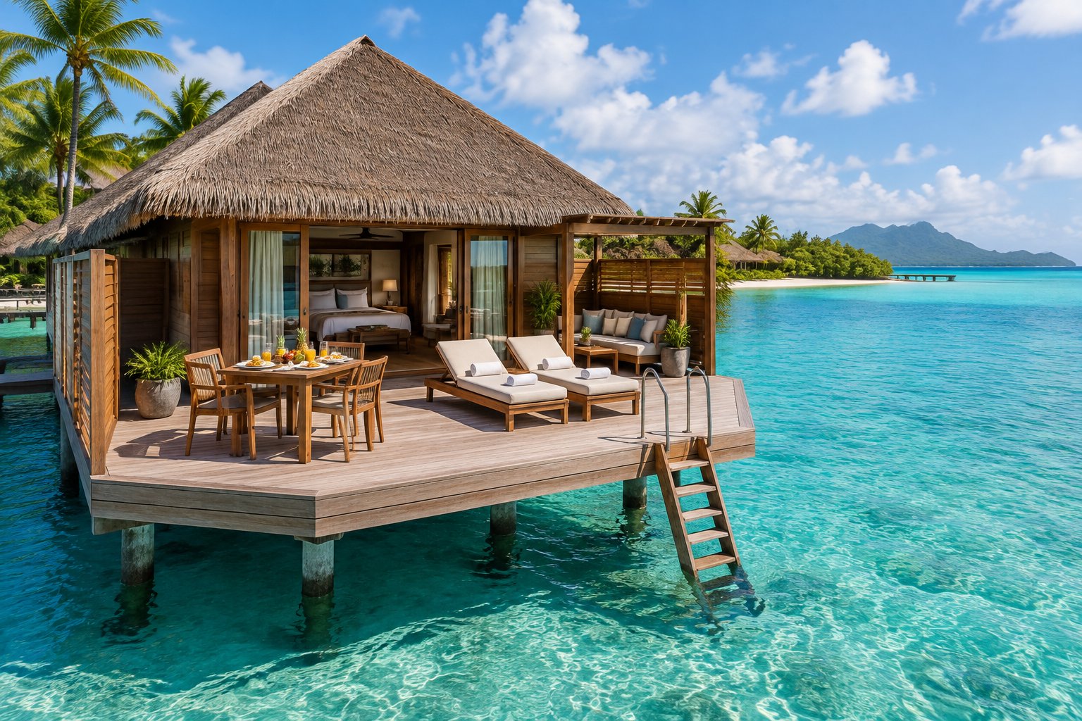 A luxurious overwater bungalow with a dining table, loungers, and a ladder leading into clear Caribbean water.