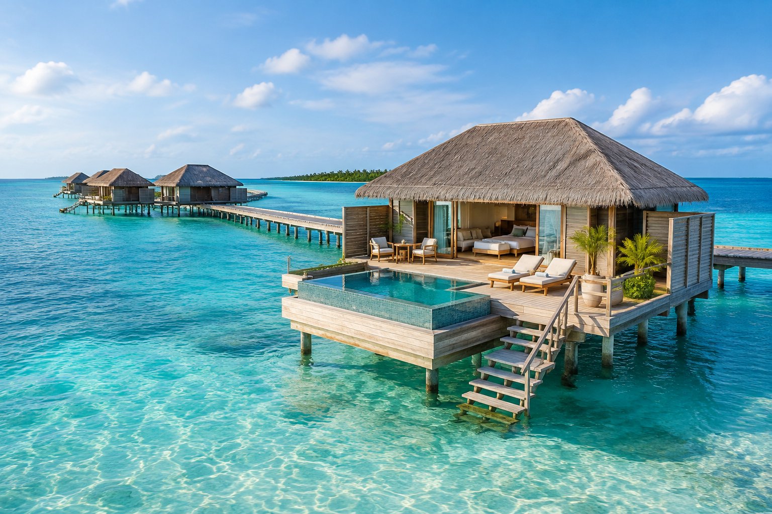 A luxury overwater bungalow with a private deck above clear turquoise Caribbean water.