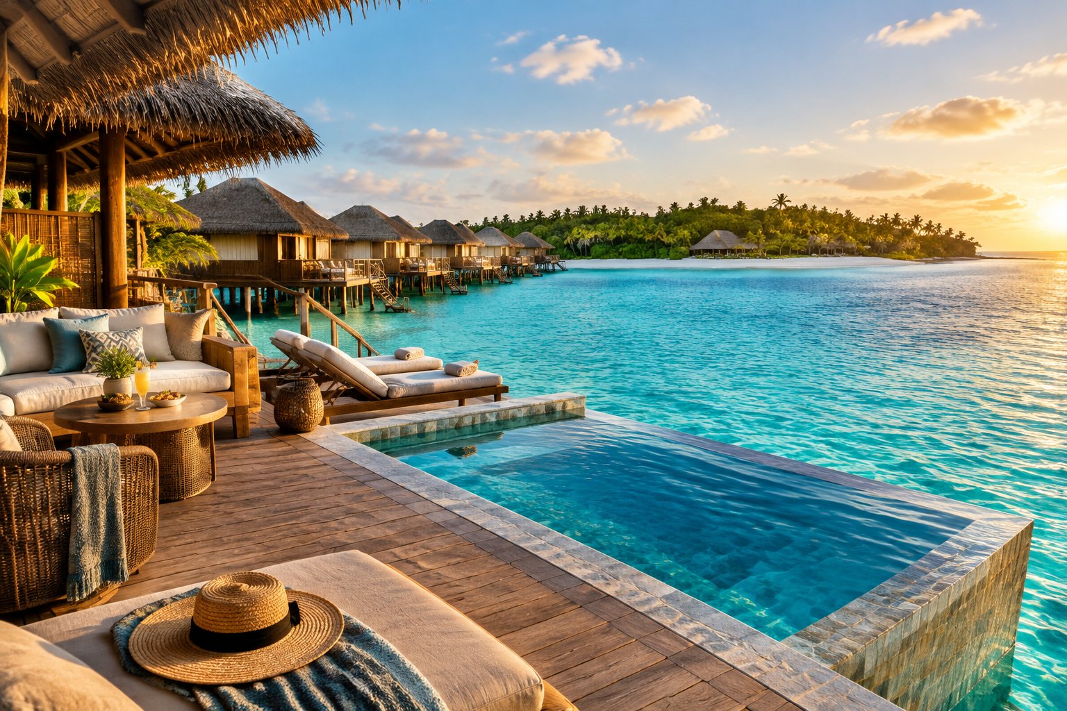 A luxury overwater bungalow overlooking a clear turquoise Caribbean lagoon and a lush tropical island.