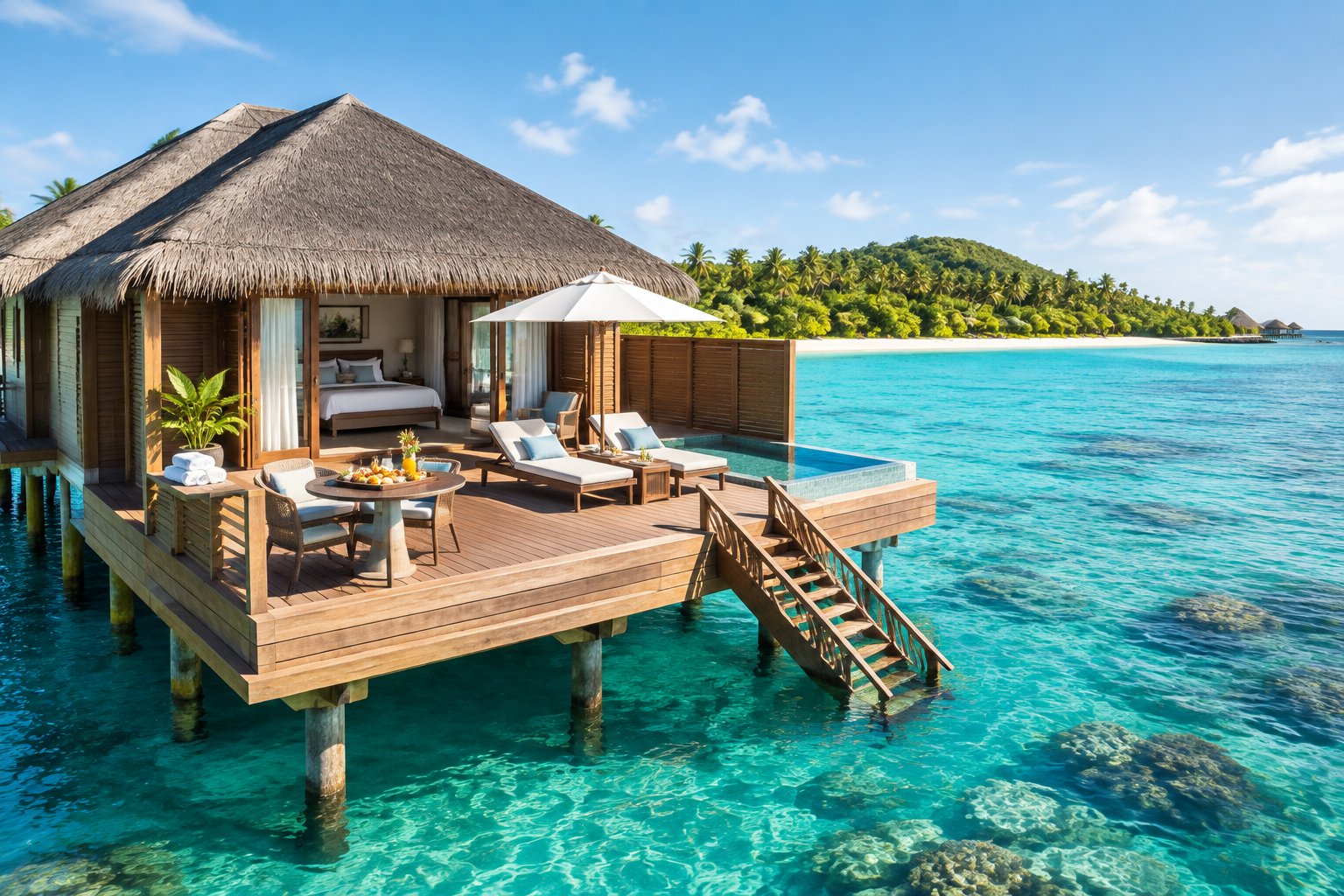 A luxurious overwater bungalow with a furnished deck above clear turquoise Caribbean water, with a tropical island in the background.