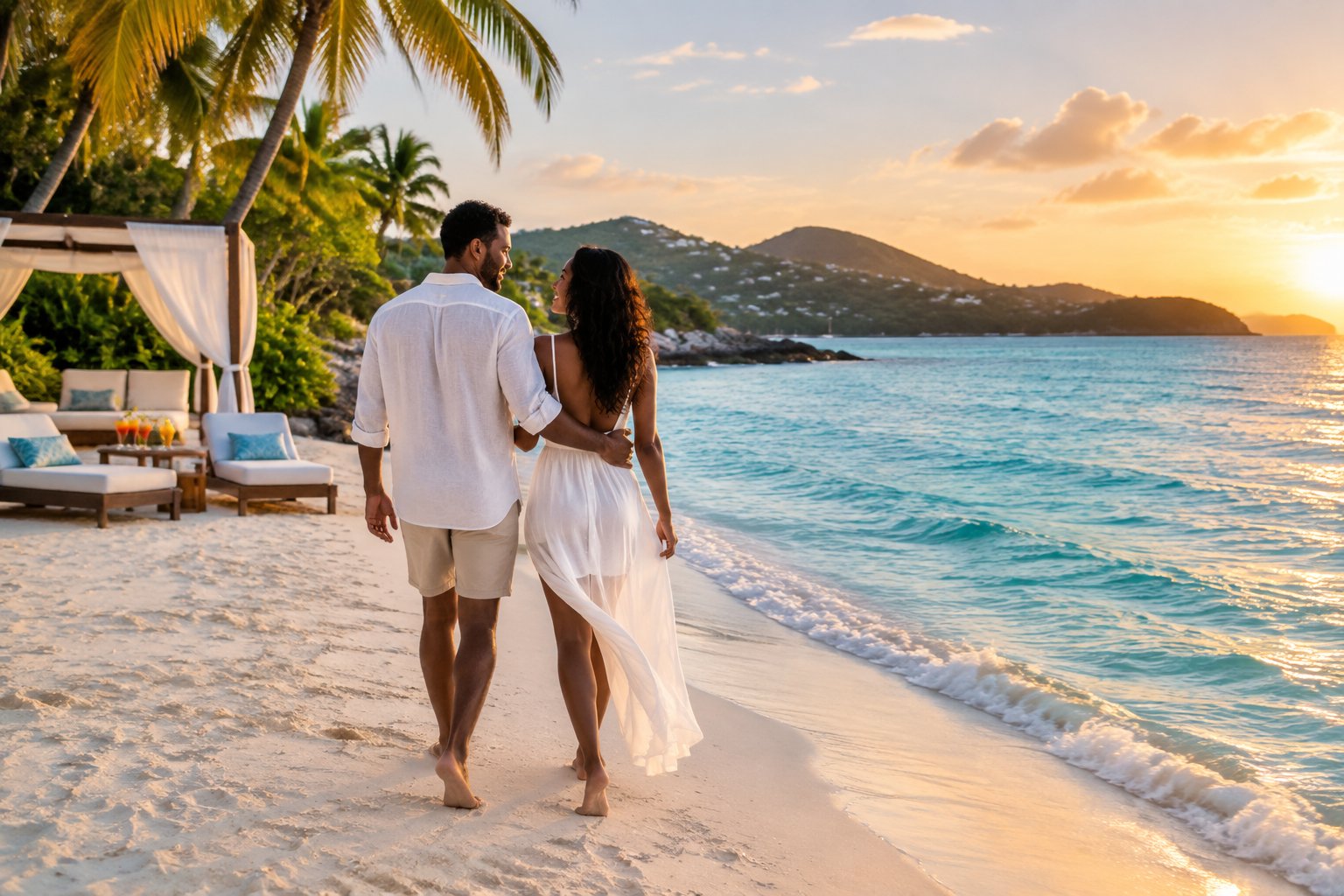 A newlywed couple walks along a tropical beach beside a luxury resort in the U.S. Virgin Islands.