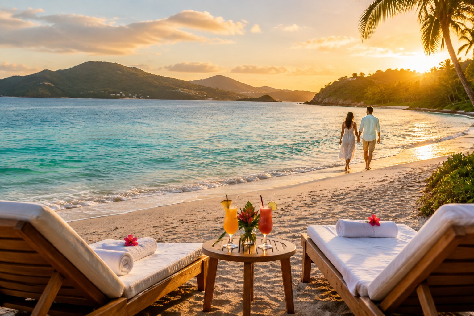 A couple walks hand in hand along a tropical beach beside a tranquil Caribbean resort.