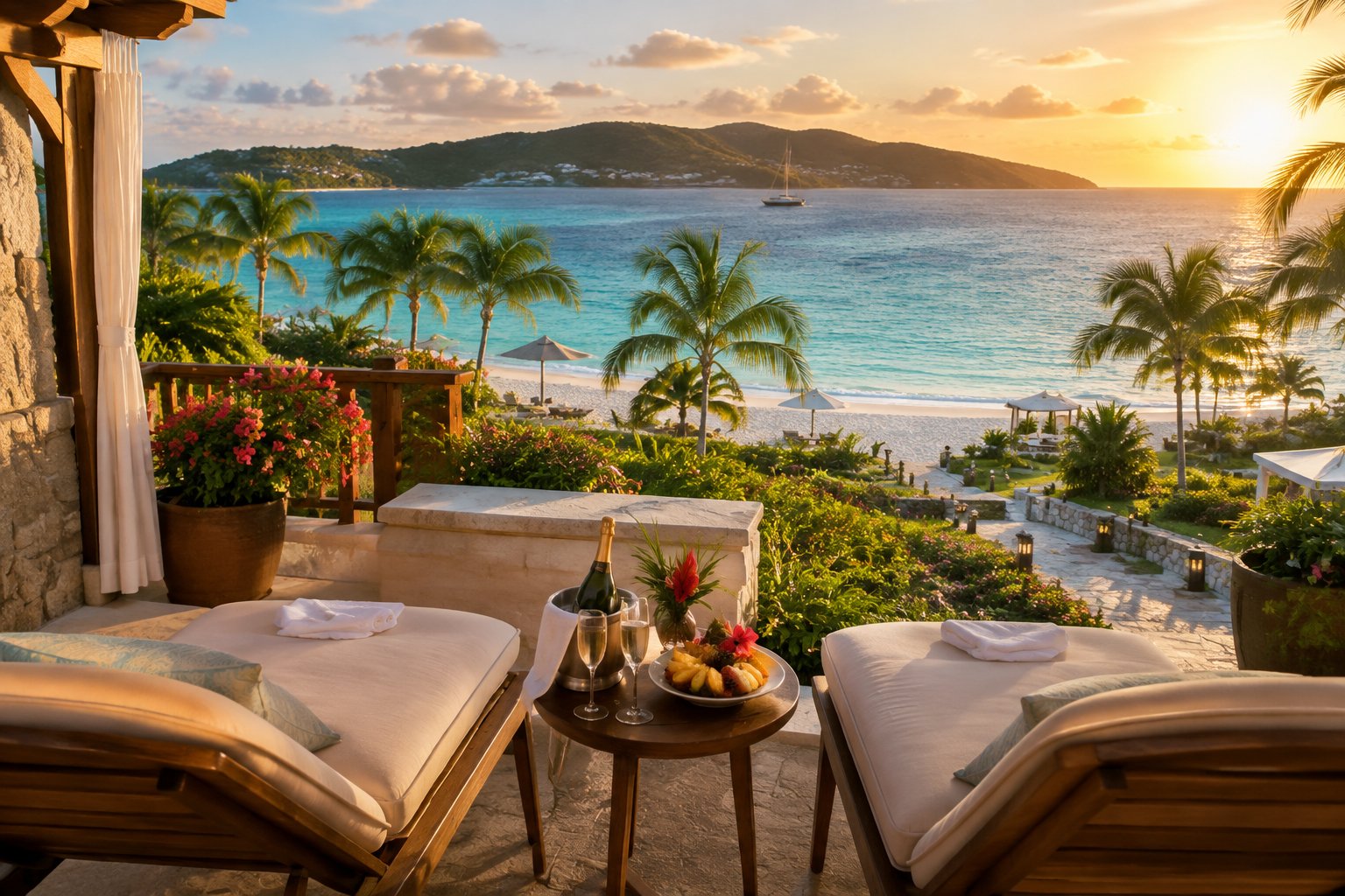 A romantic beachfront resort terrace overlooking turquoise Caribbean water, a sandy beach, and lush tropical islands.