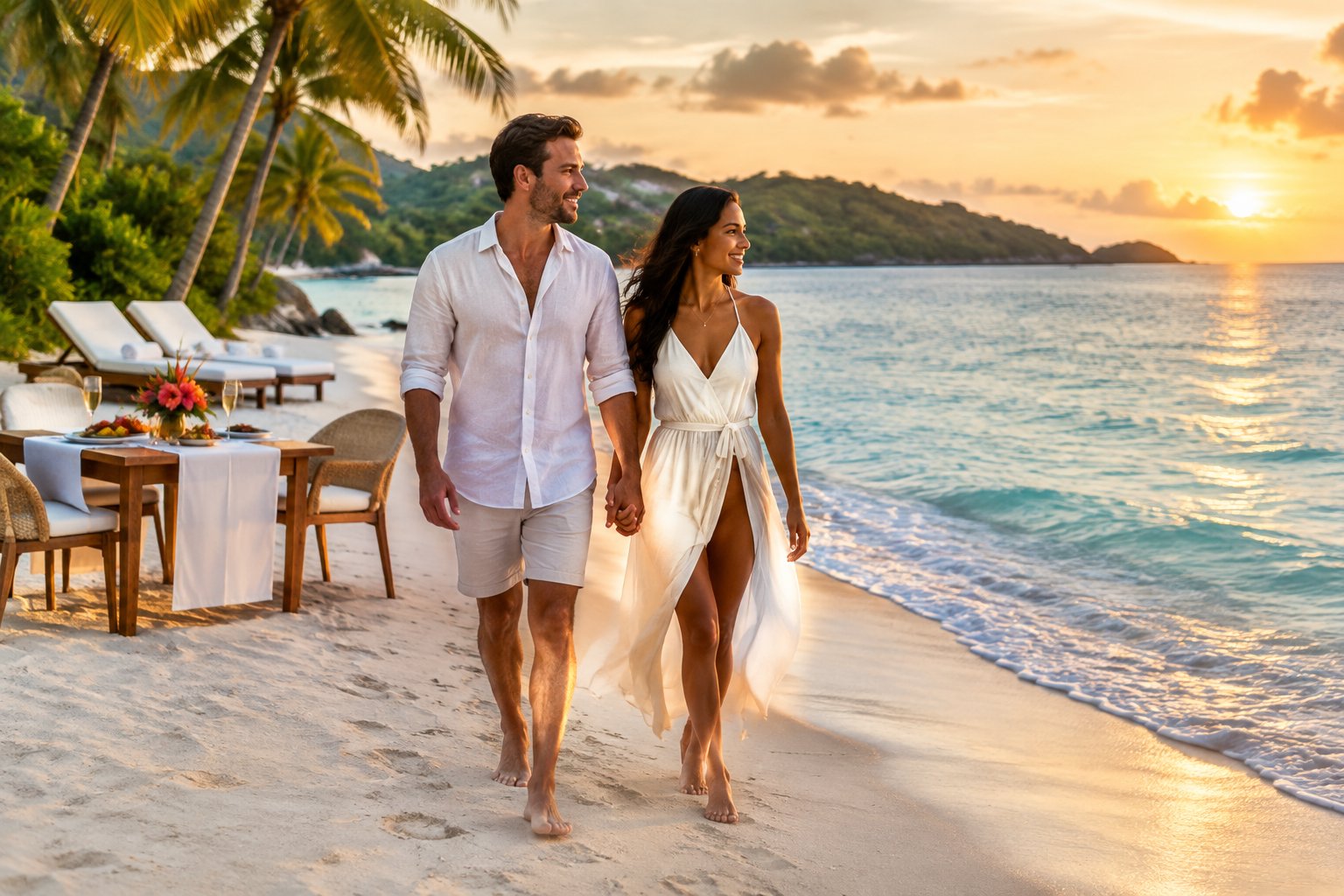 A newlywed couple walks hand in hand along a tropical beach beside a romantic table for two.