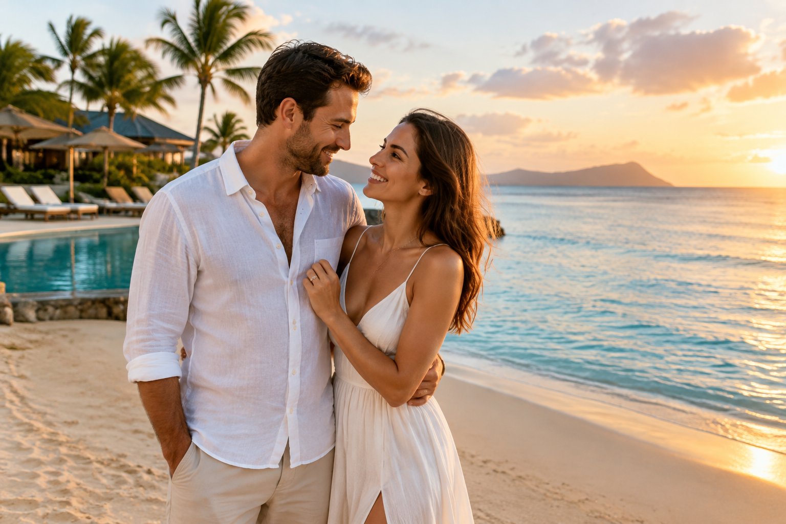 Newlywed couple relaxing at a luxurious tropical beach resort in Hawaii.