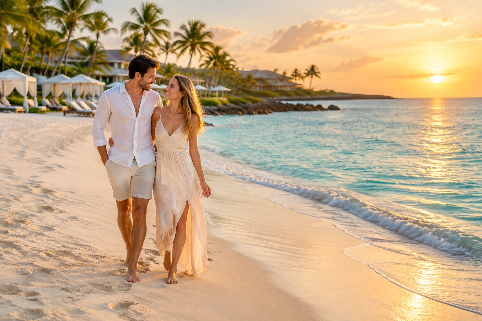 Newlywed couple walking together on a tropical beach beside a turquoise ocean and palm trees.