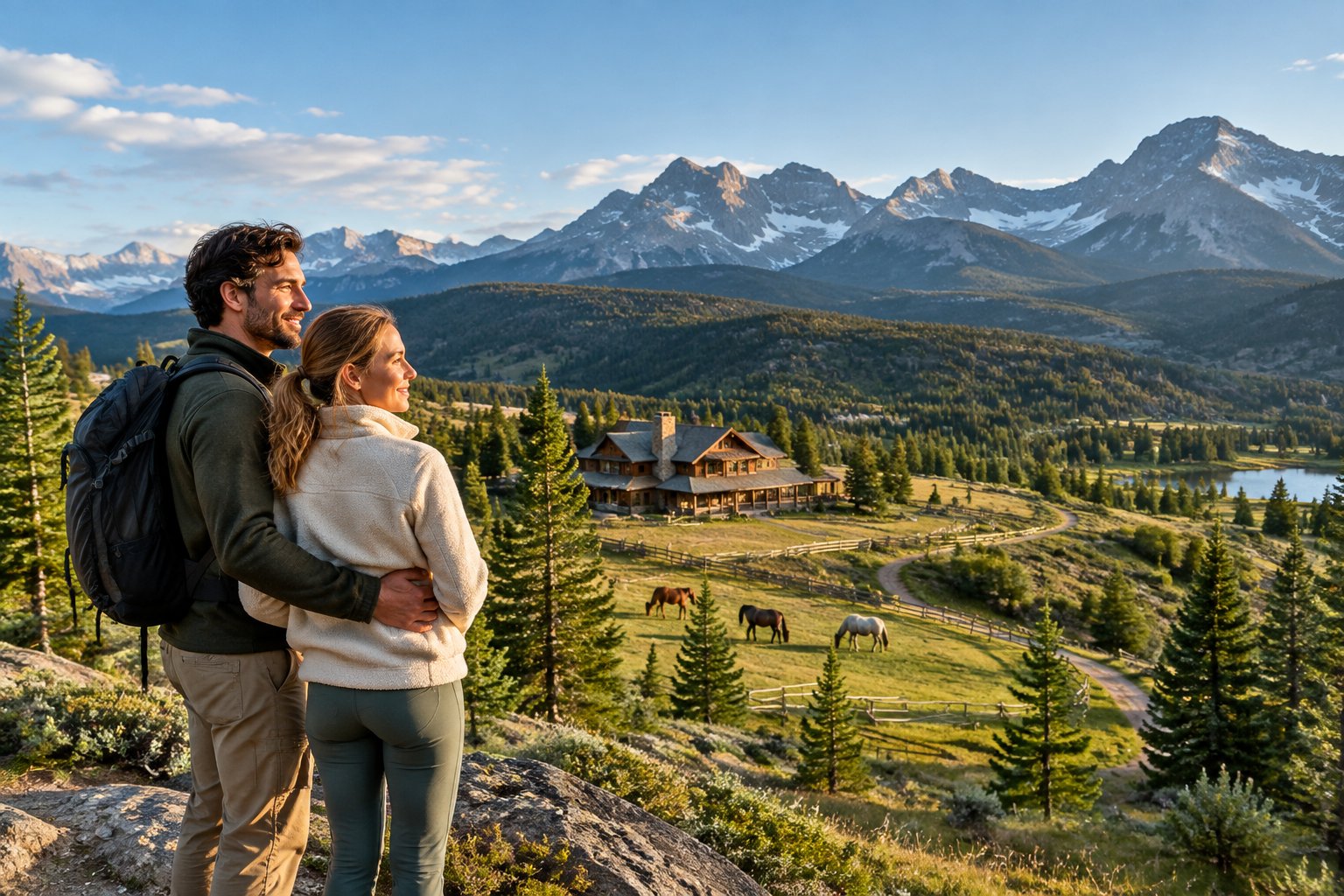 A newlywed couple overlooks a scenic mountain ranch surrounded by meadows, forests, horses, and rugged peaks.