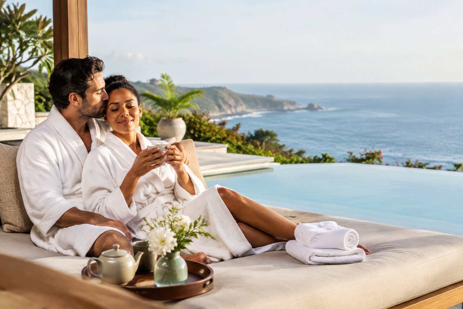 A newlywed couple relaxes together on a luxurious resort terrace overlooking a peaceful coastal landscape.