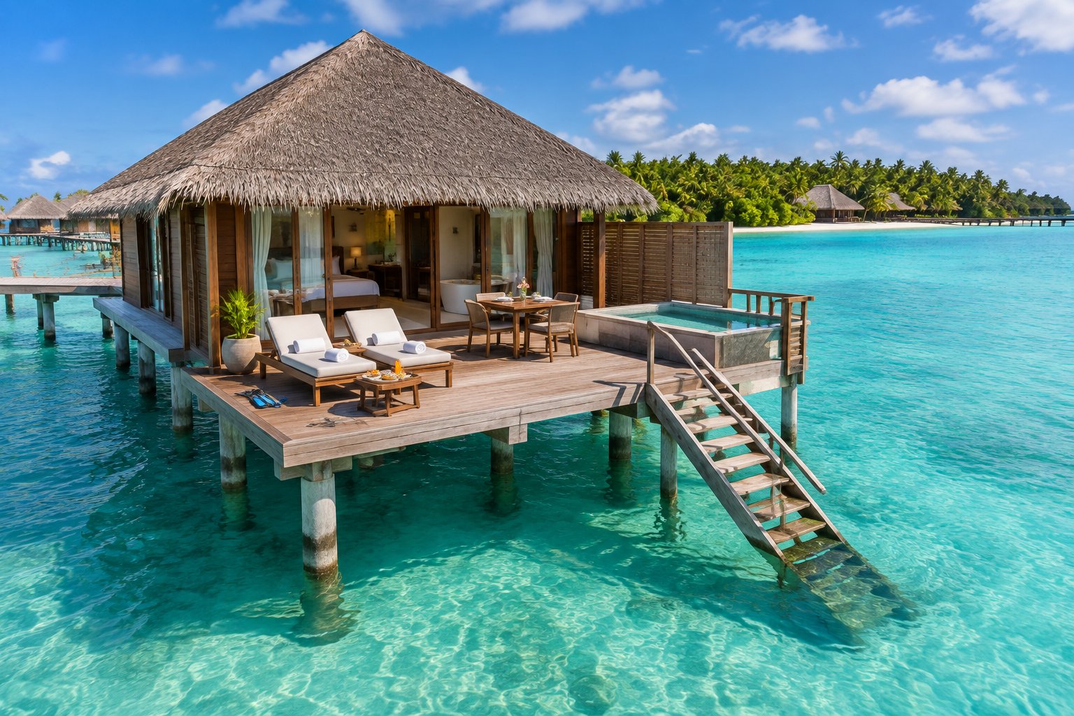 A luxurious overwater bungalow with a furnished deck above a clear tropical lagoon.