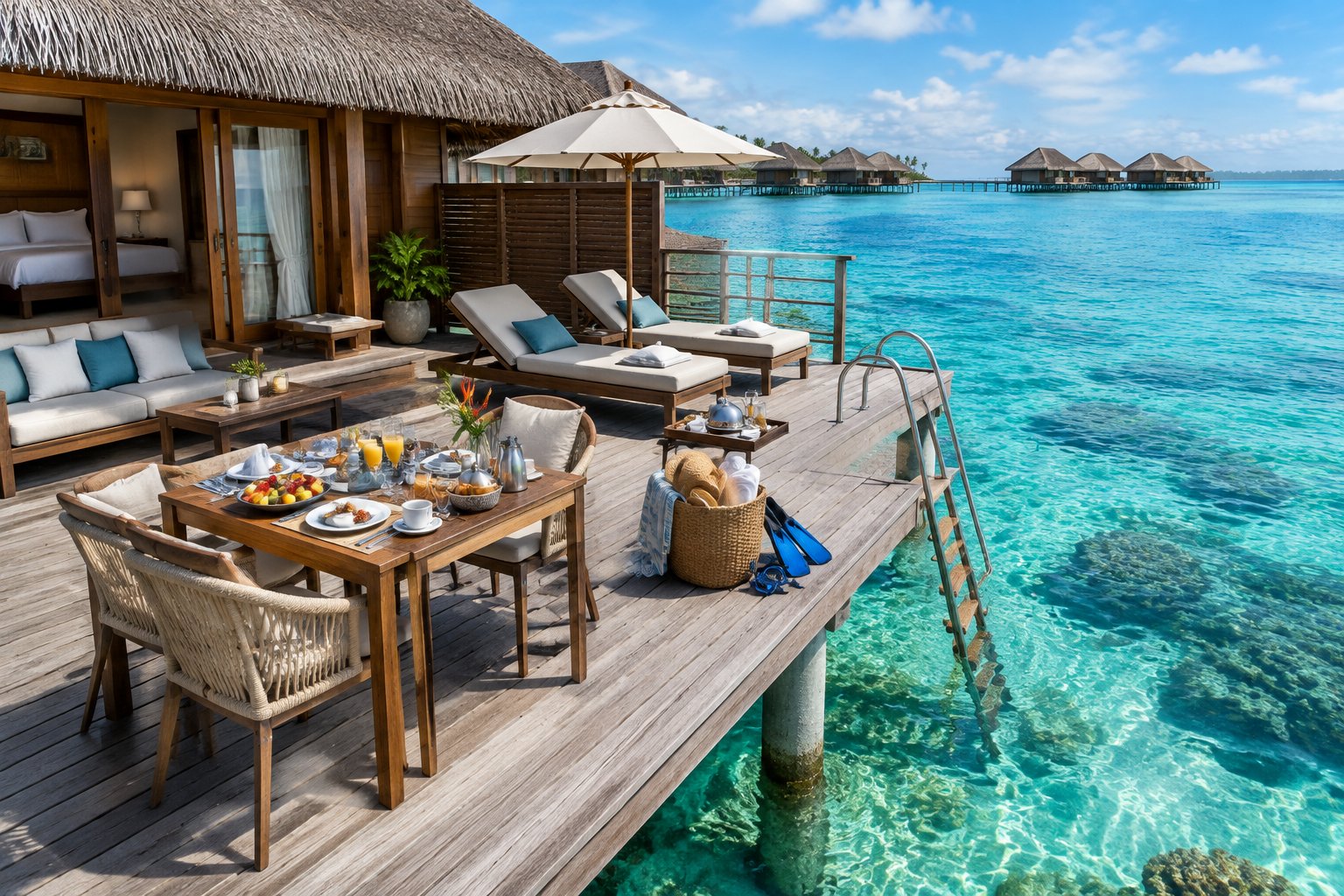 A luxurious overwater bungalow with a furnished deck, tropical breakfast, beverages, and beach amenities above a clear turquoise lagoon.