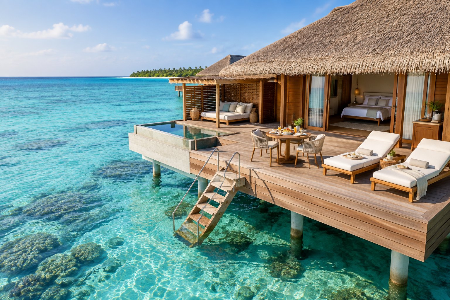 A luxurious overwater bungalow with a furnished private deck above a clear turquoise lagoon.