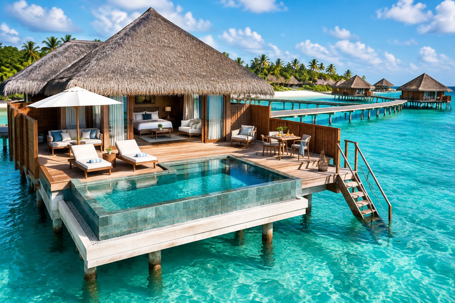 A luxurious overwater bungalow with a private deck and plunge pool above a clear tropical lagoon.