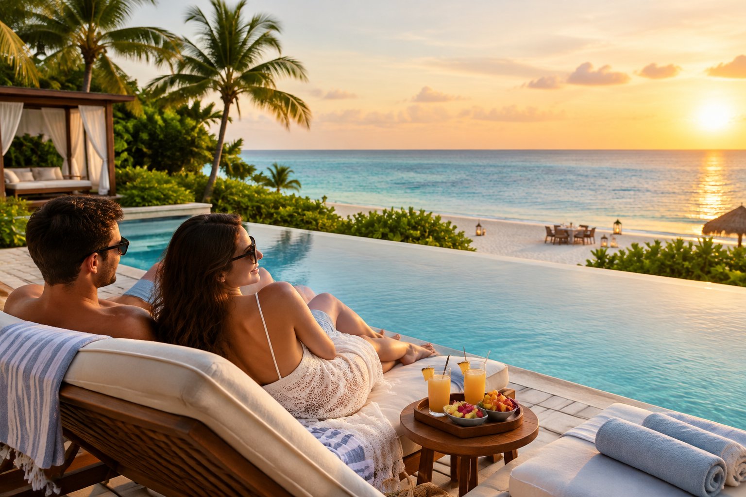 A newlywed couple relaxes beside an infinity pool at a tropical beachfront resort.